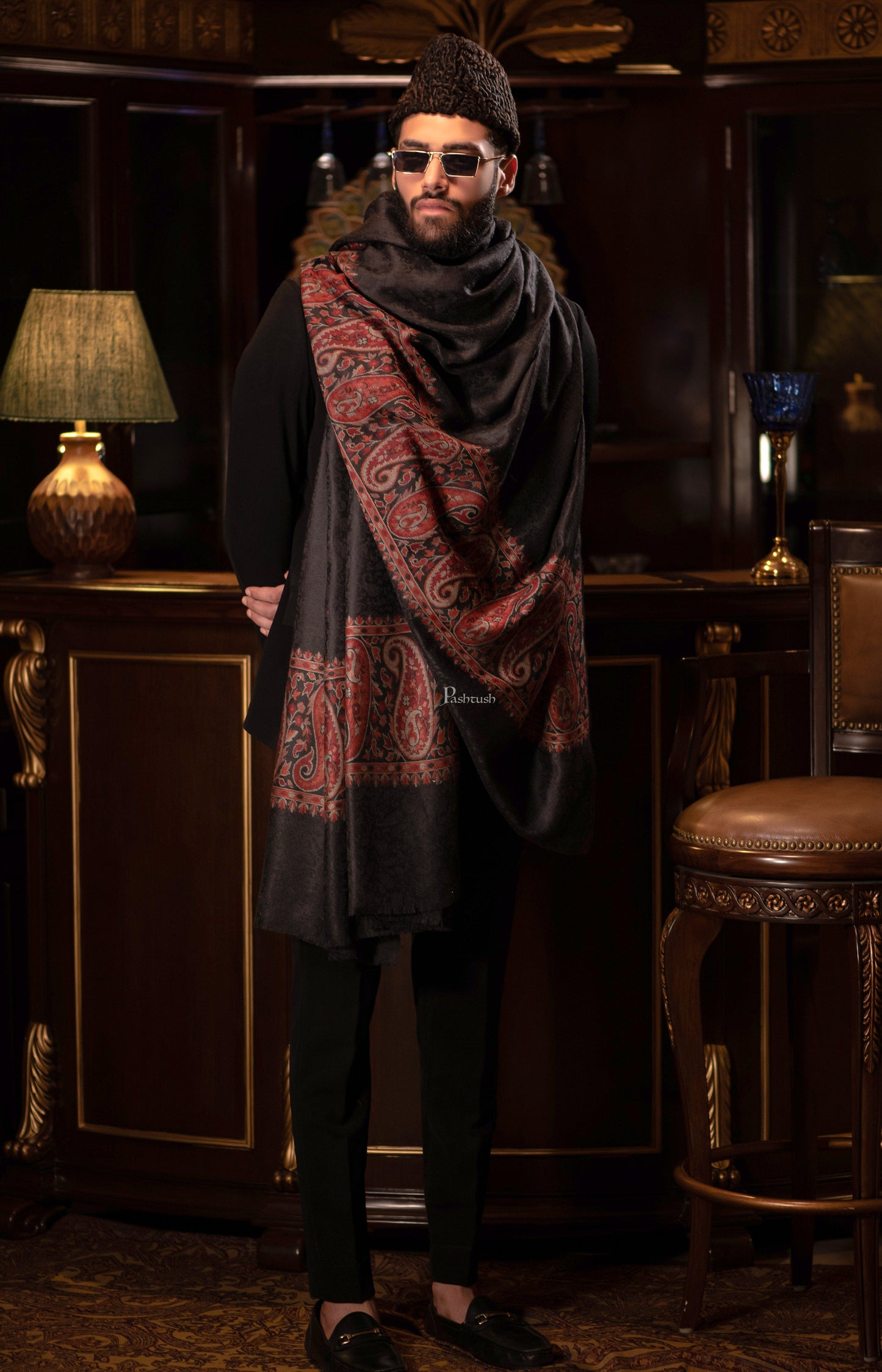 Pashtush India Mens Shawls Gents Shawl Pashtush men Fine Wool shawl, Ethnic Palla design, Black