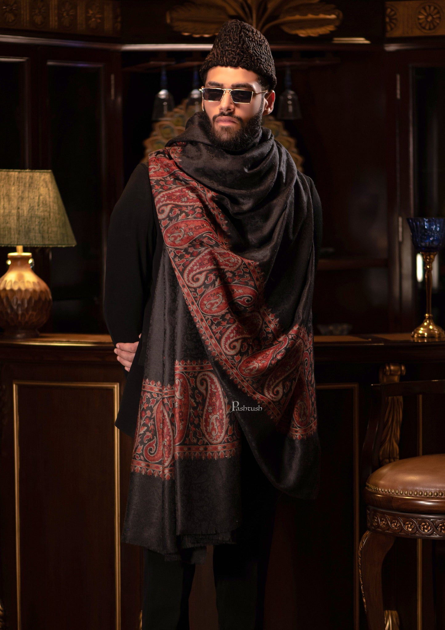 Pashtush India Mens Shawls Gents Shawl Pashtush men Fine Wool shawl, Ethnic Palla design, Black