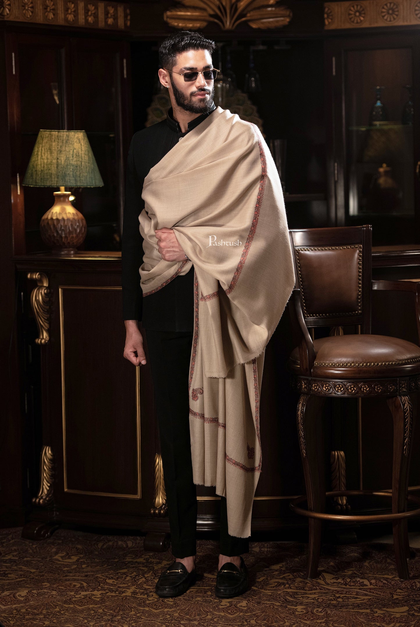 Pashtush India Mens Shawls Gents Shawl Pashtush men Hand Embroidery Woollen shawl, Kingri design, Full Size, Beige
