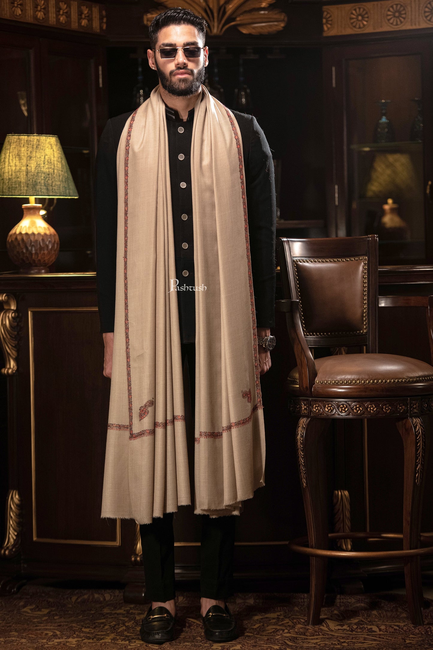 Pashtush India Mens Shawls Gents Shawl Pashtush men Hand Embroidery Woollen shawl, Kingri design, Full Size, Beige