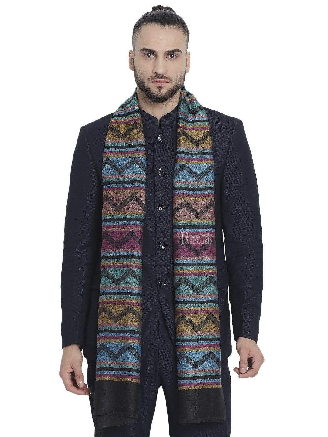 Pashtush India 70x200 Pashtush Men's Reversible Stole, Aztec Weave Scarf, Black