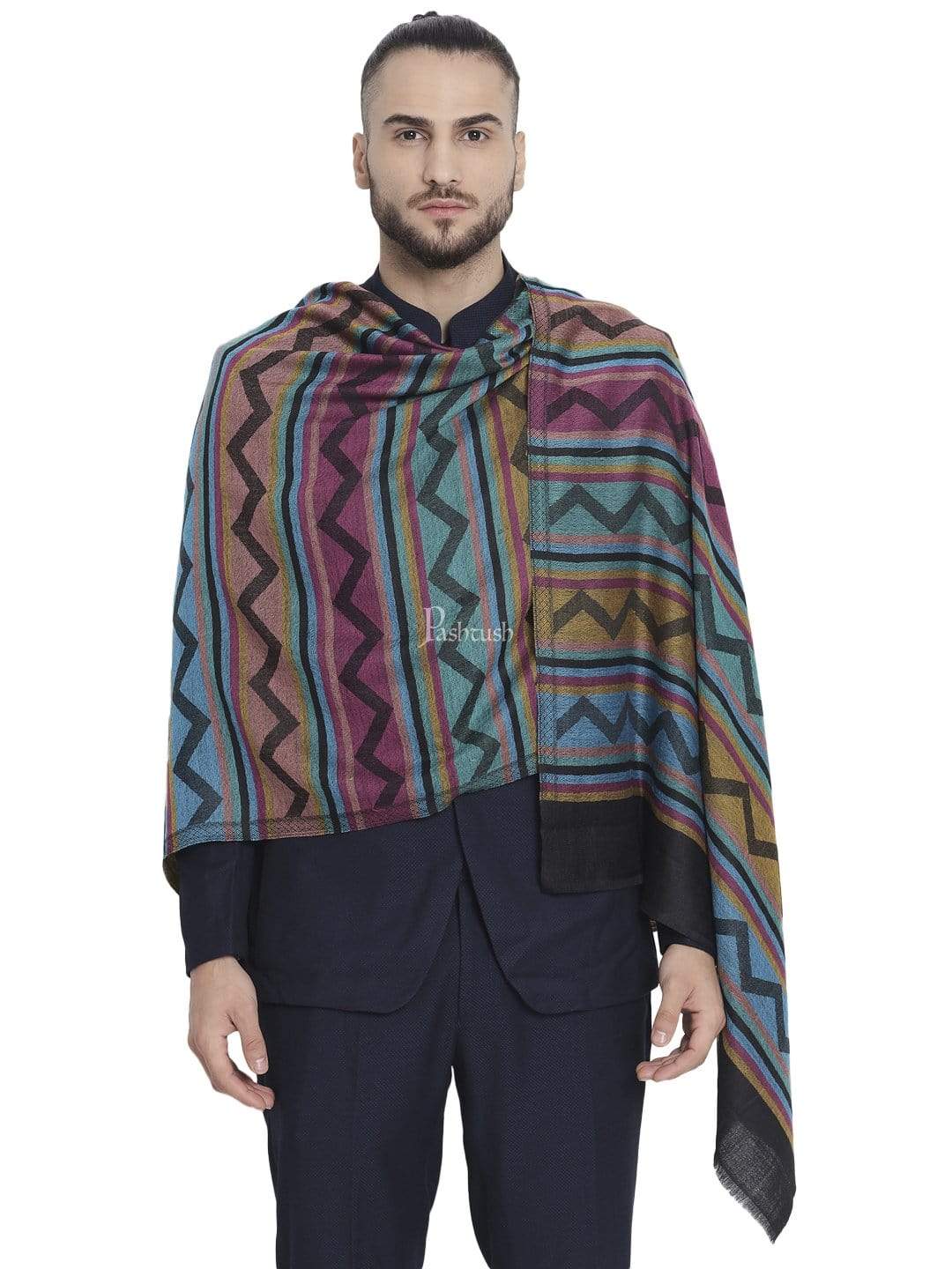 Pashtush India 70x200 Pashtush Men's Reversible Stole, Aztec Weave Scarf, Black