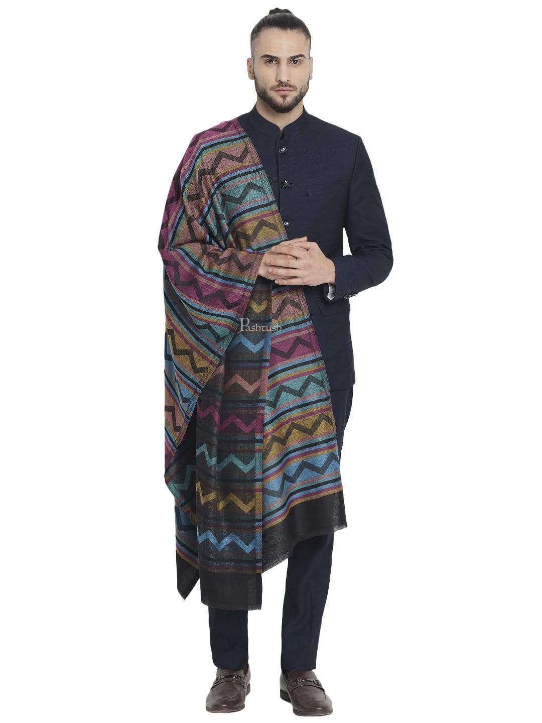 Pashtush India 70x200 Pashtush Men's Reversible Stole, Aztec Weave Scarf, Black
