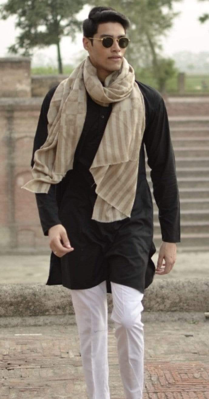 Pashtush India 70x200 Pashtush Men's Reversible Stole, checkered design Beige