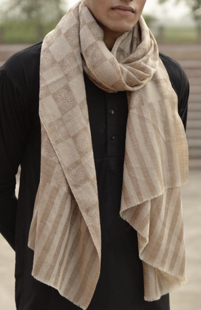 Pashtush India 70x200 Pashtush Men's Reversible Stole, checkered design Beige