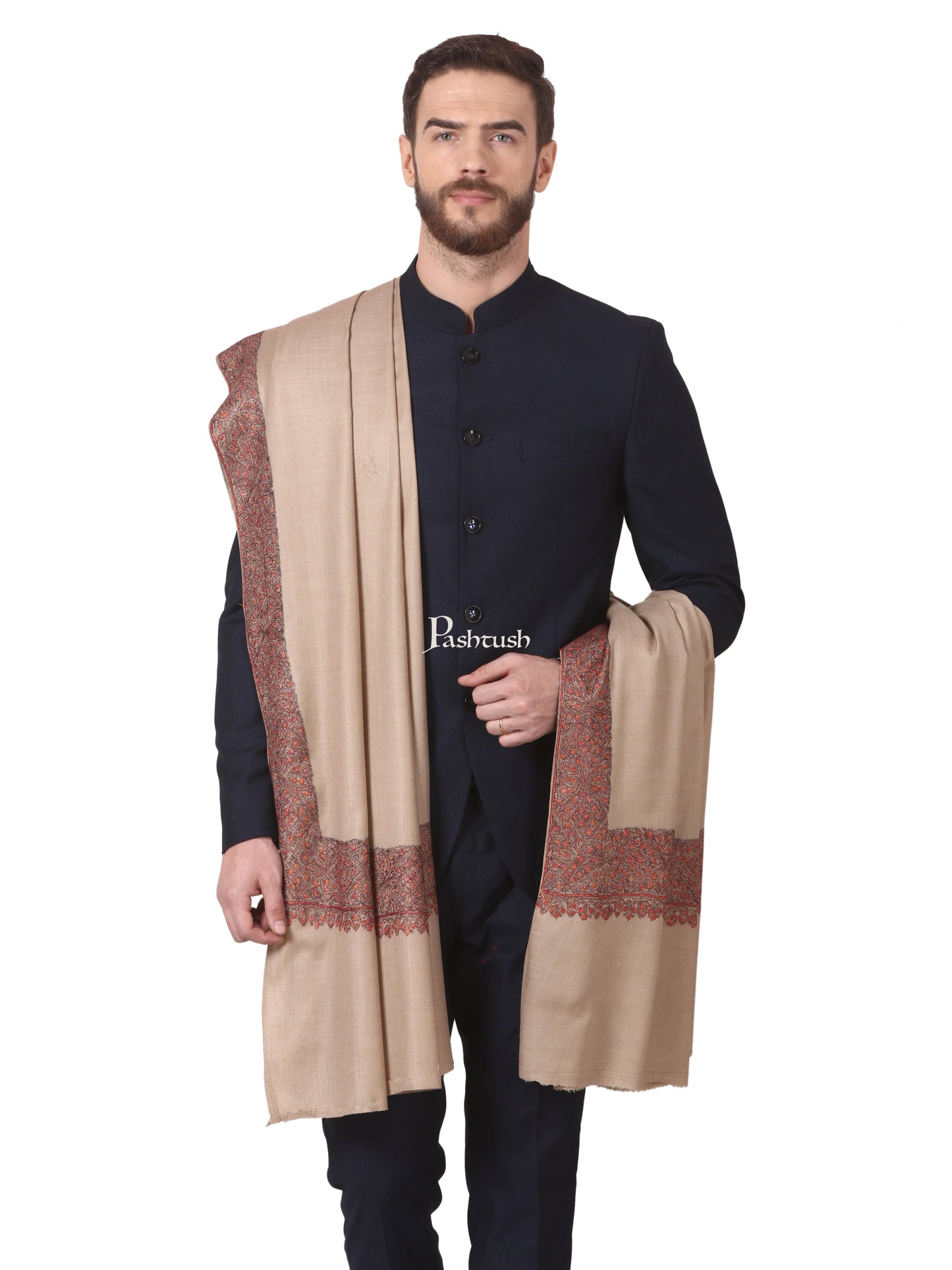 Pashtush India Mens Shawls Gents Shawl Pashtush Men'S Woolen Hand Made Embroidered Daur Shawl (Taupe, Medium)