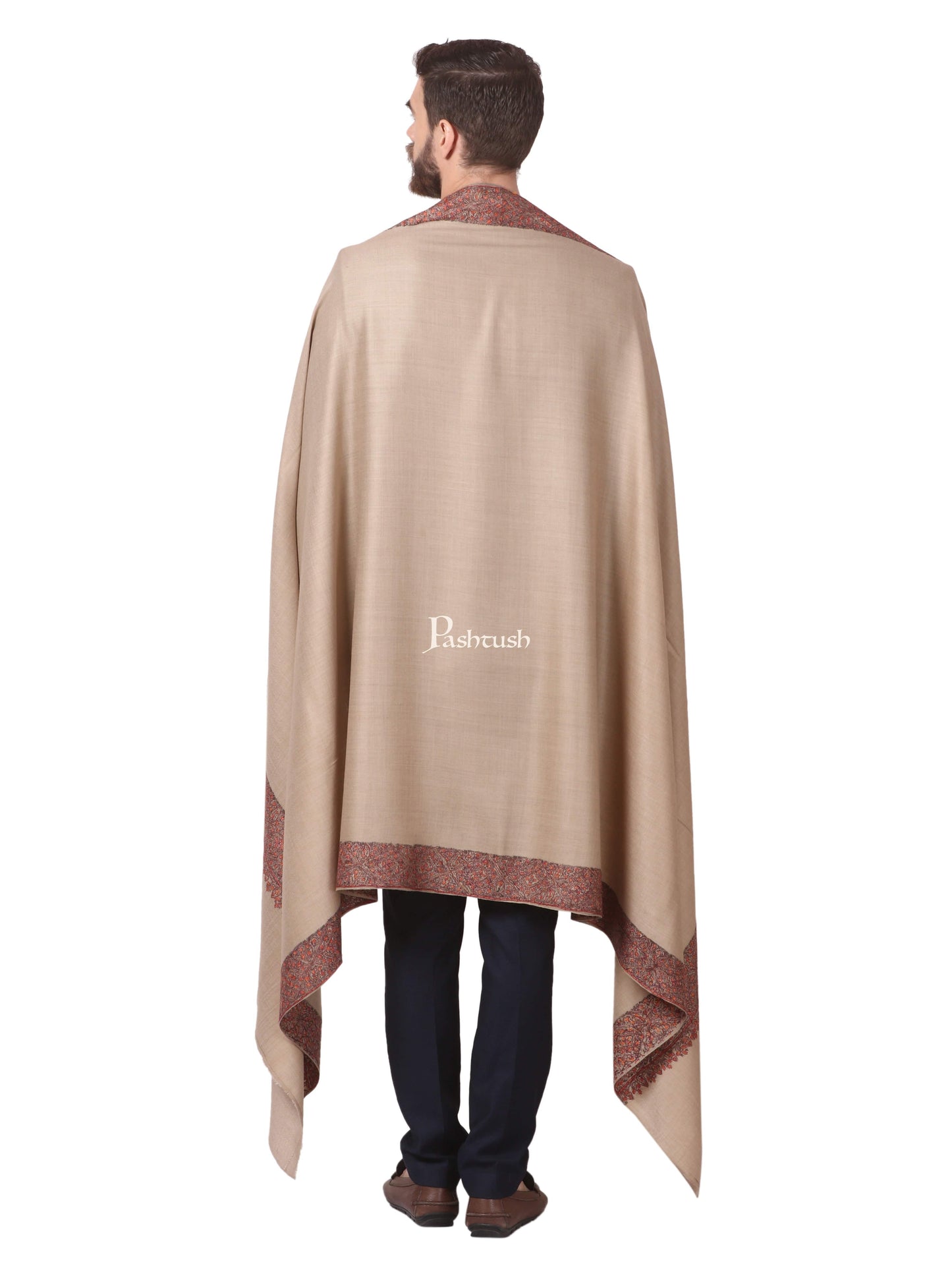 Pashtush India Mens Shawls Gents Shawl Pashtush Men'S Woolen Hand Made Embroidered Daur Shawl (Taupe, Medium)