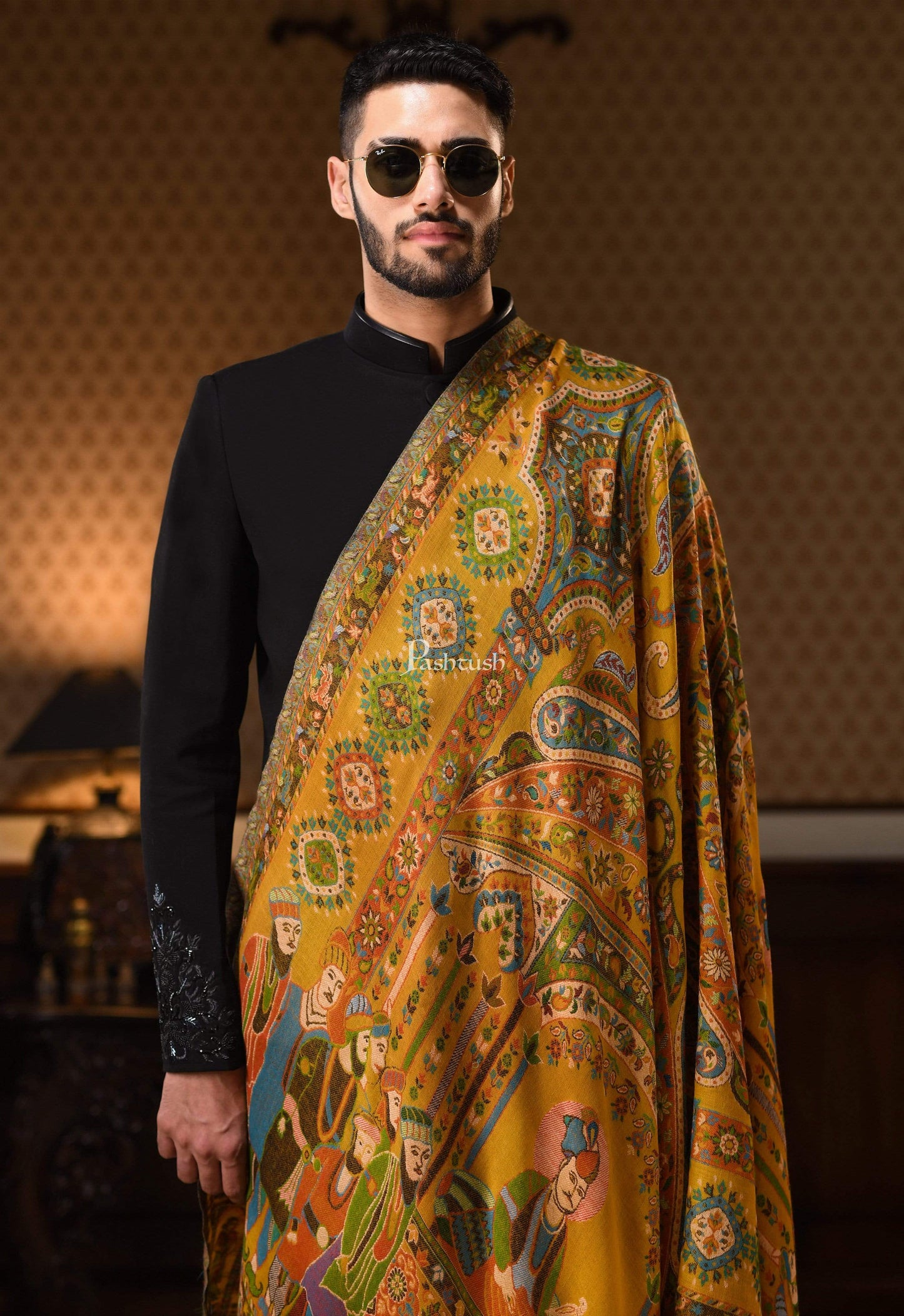 Pashtush India 100x200 Pashtush Mens 100% Pure Wool Darbar Design Shawl, With Woolmark Certification