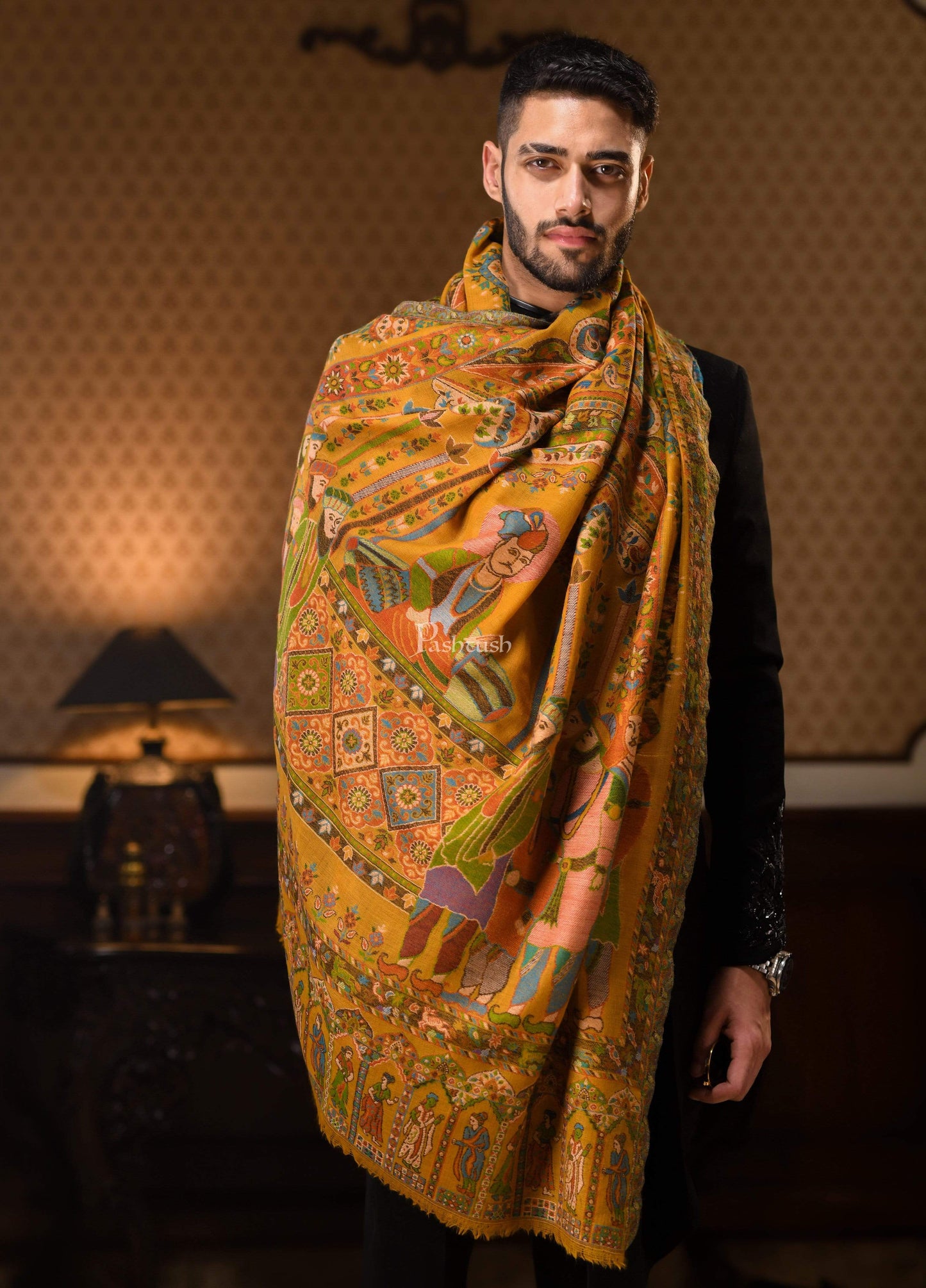 Pashtush India 100x200 Pashtush Mens 100% Pure Wool Darbar Design Shawl, With Woolmark Certification