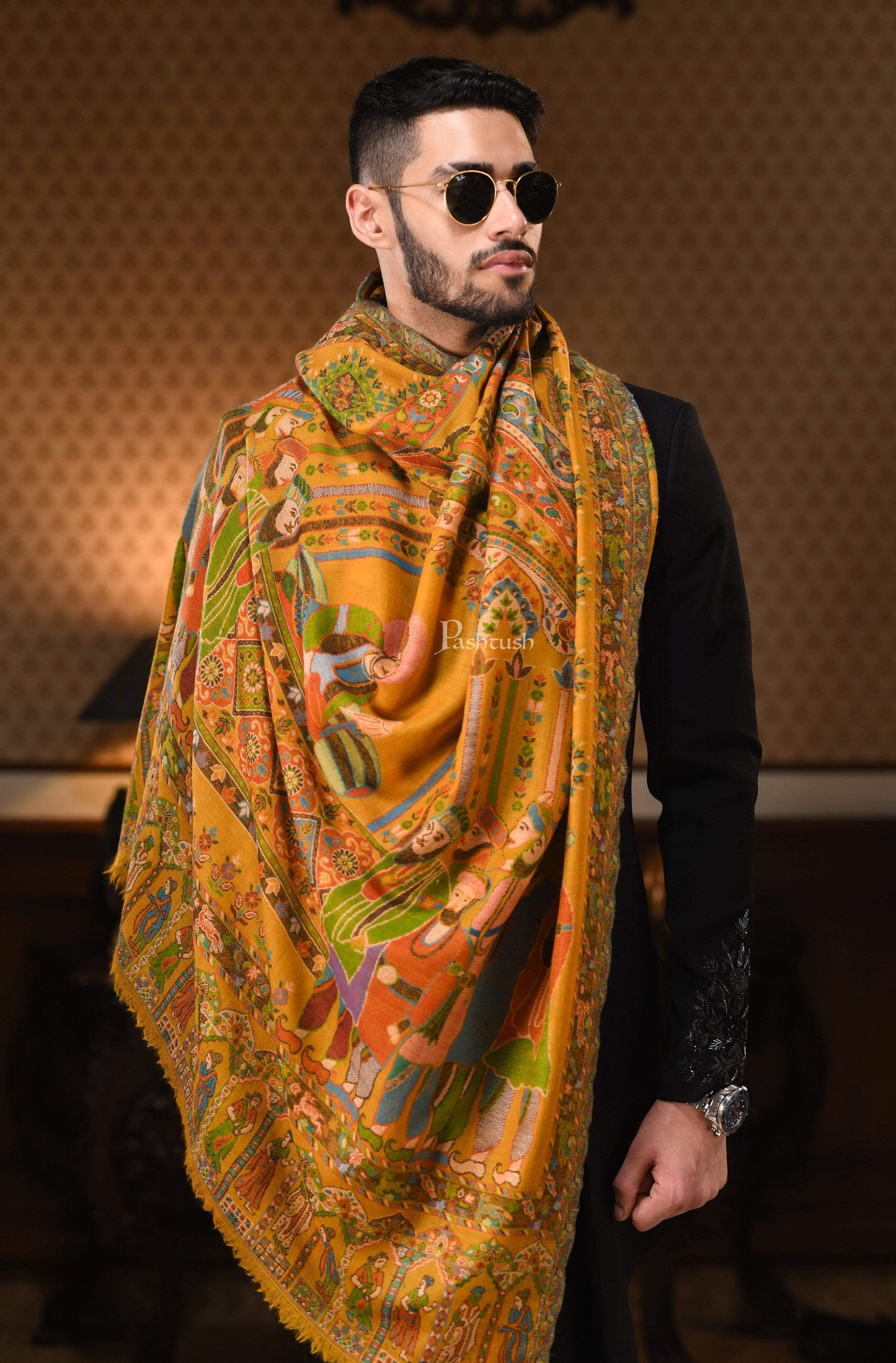 Pashtush India 100x200 Pashtush Mens 100% Pure Wool Darbar Design Shawl, With Woolmark Certification