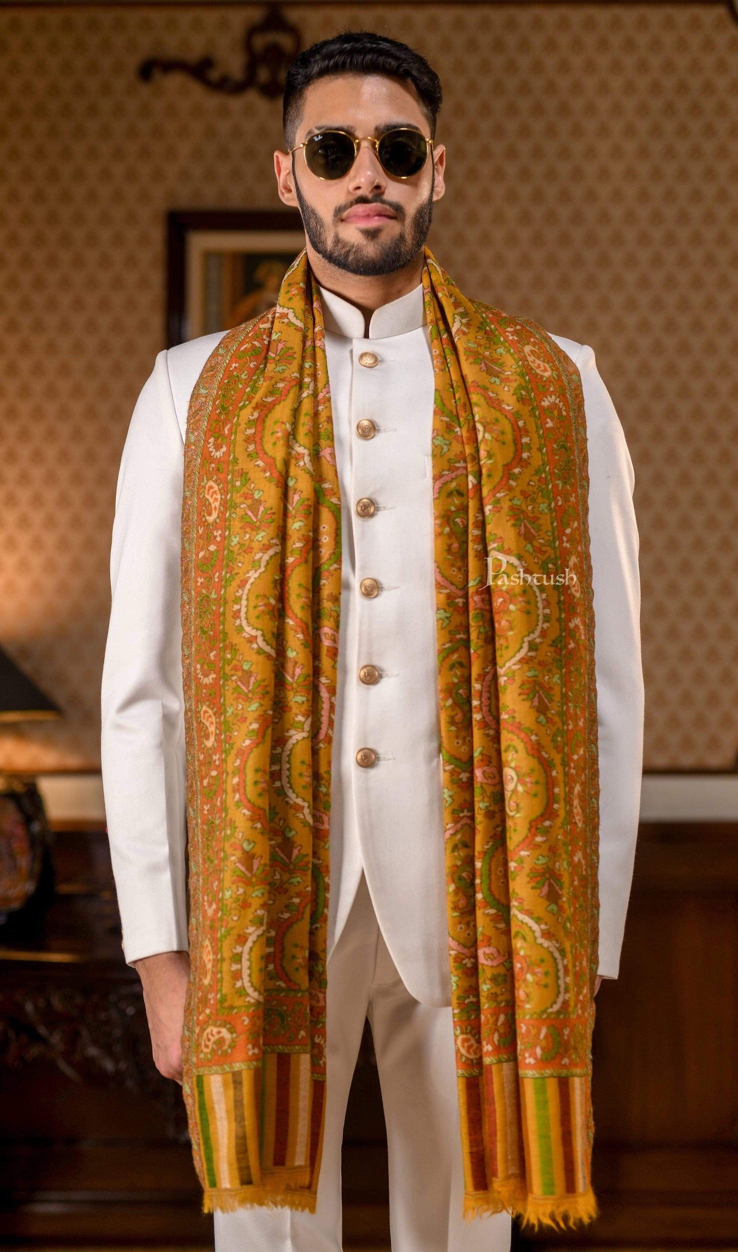Pashtush India 70x200 Pashtush Mens 100% Pure Wool Ethnic Stole, With Woolmark Certification