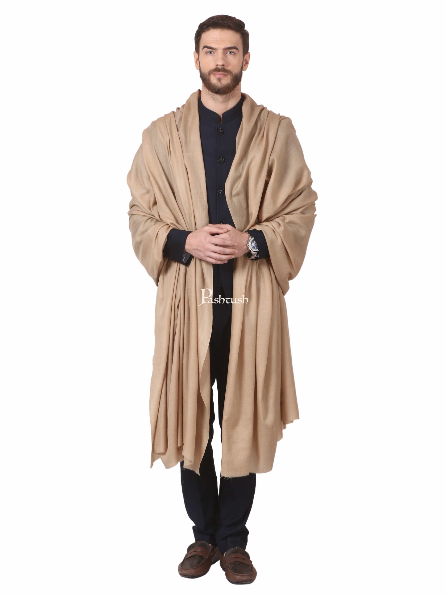 Pashtush India Mens Shawls Gents Shawl Pashtush Mens 100% Pure Wool Ring Shawl, Full Size - Beige