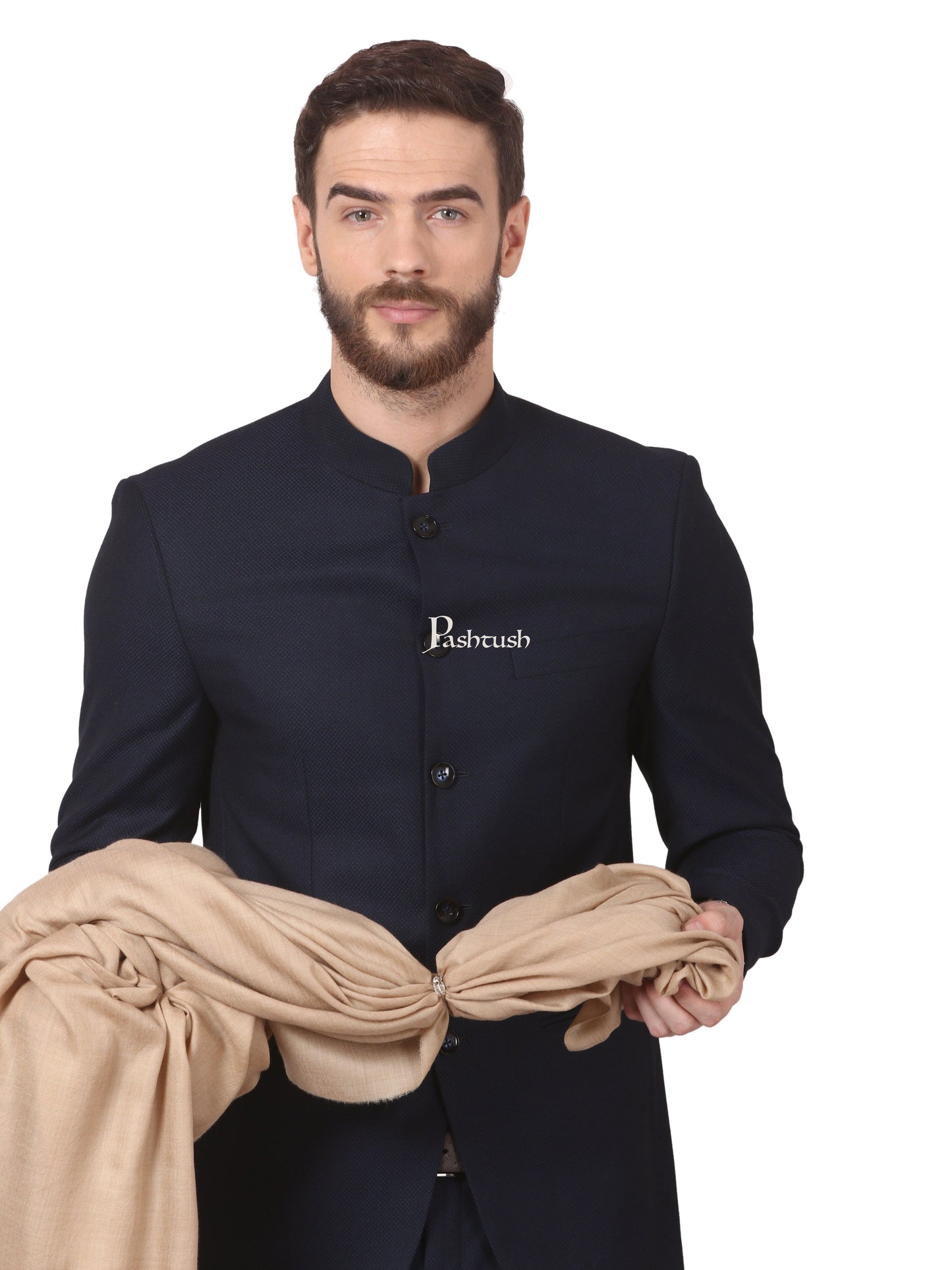Pashtush India Mens Shawls Gents Shawl Pashtush Mens 100% Pure Wool Ring Shawl, Full Size - Beige