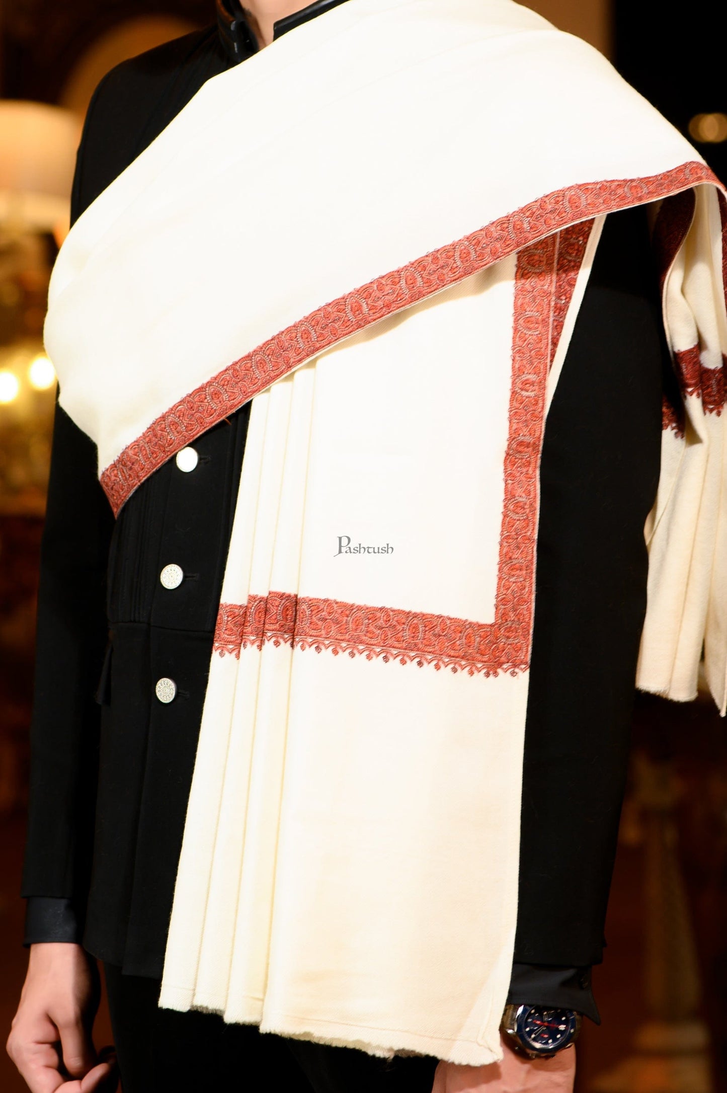 Pashtush India Mens Shawls Gents Shawl Pashtush Mens 100% Pure Wool with Woolmark Certificate Ethnic Shawl, Mens Lohi, Full Size, Ivory