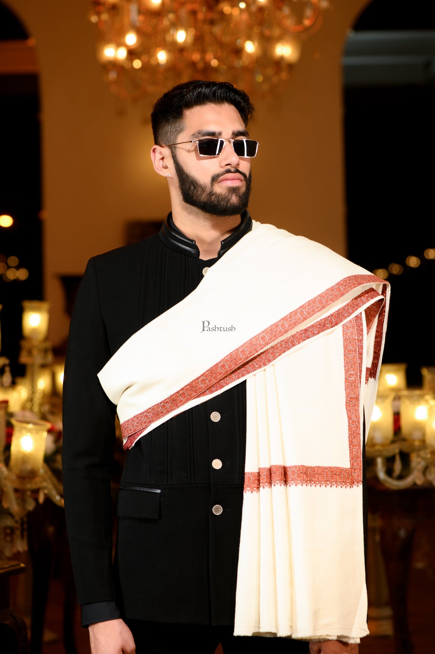 Pashtush India Mens Shawls Gents Shawl Pashtush Mens 100% Pure Wool with Woolmark Certificate Ethnic Shawl, Mens Lohi, Full Size, Ivory
