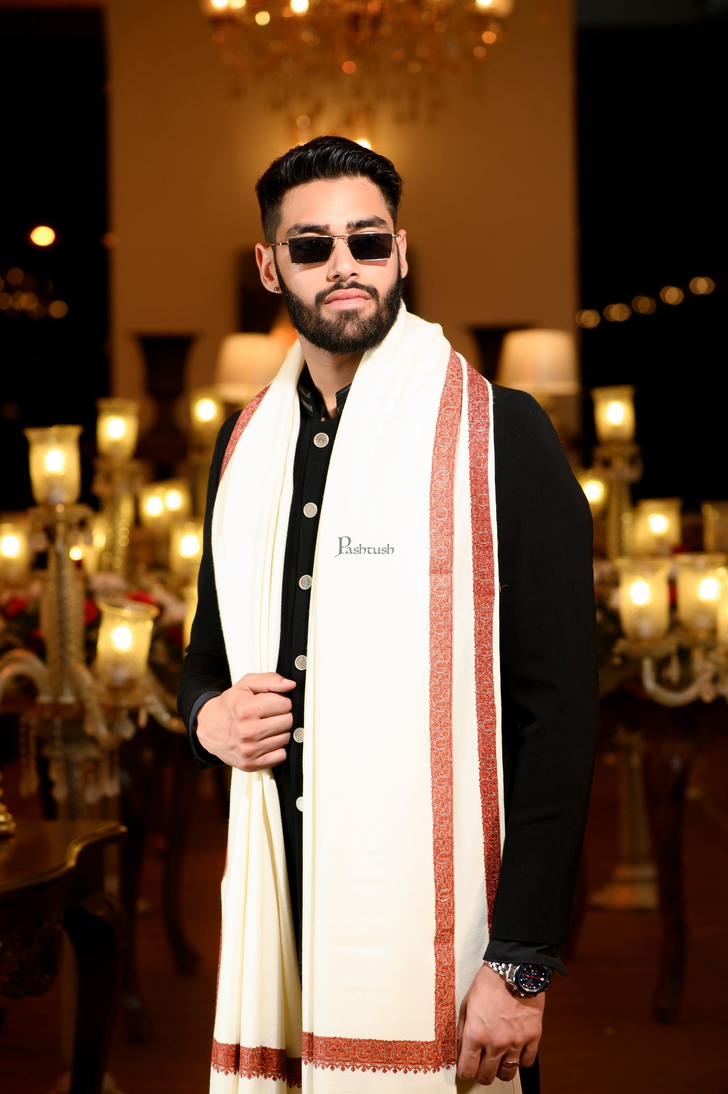 Pashtush India Mens Shawls Gents Shawl Pashtush Mens 100% Pure Wool with Woolmark Certificate Ethnic Shawl, Mens Lohi, Full Size, Ivory