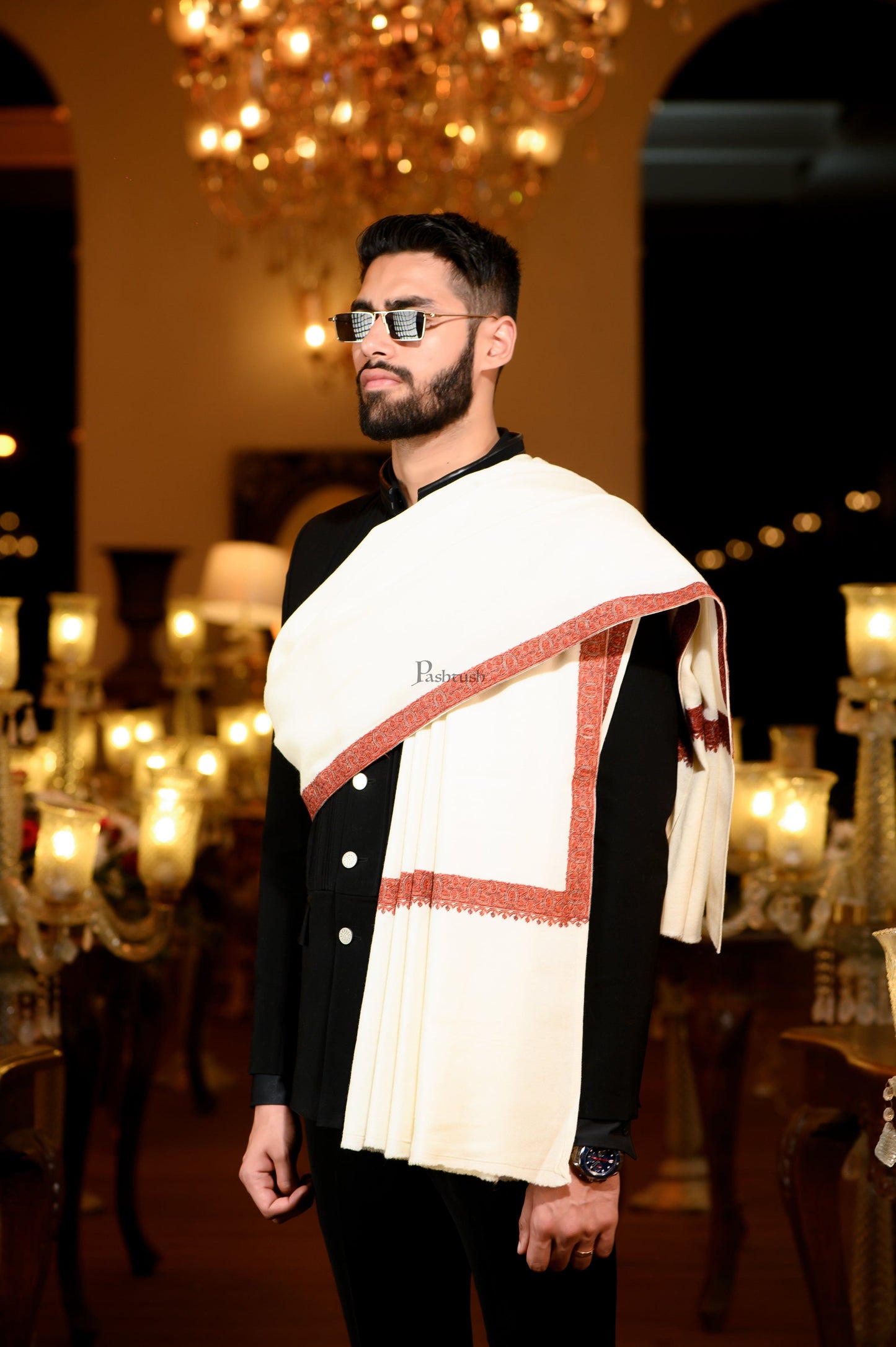 Pashtush India Mens Shawls Gents Shawl Pashtush Mens 100% Pure Wool with Woolmark Certificate Ethnic Shawl, Mens Lohi, Full Size, Ivory