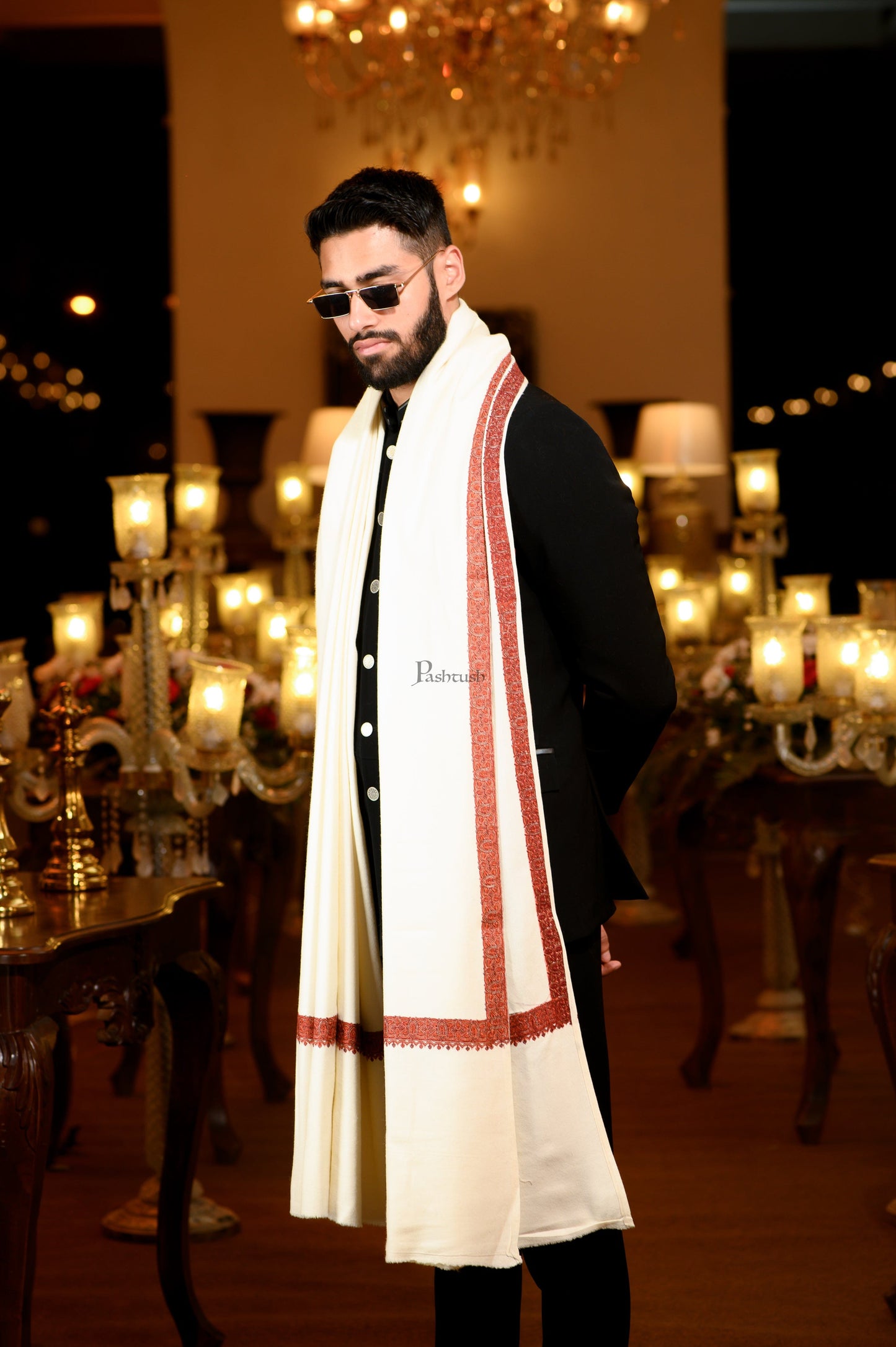 Pashtush India Mens Shawls Gents Shawl Pashtush Mens 100% Pure Wool with Woolmark Certificate Ethnic Shawl, Mens Lohi, Full Size, Ivory