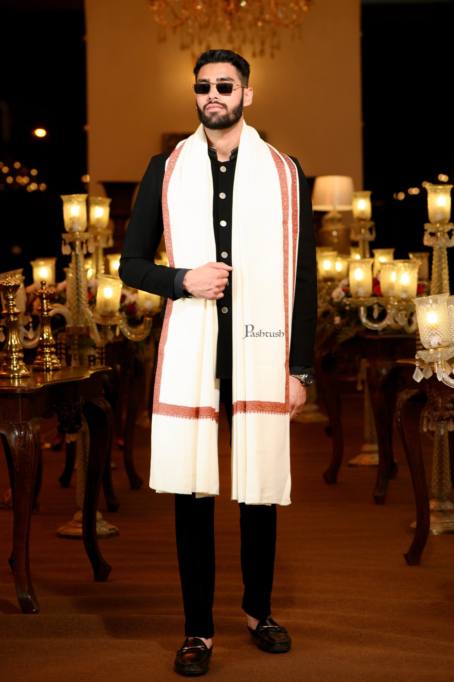 Pashtush India Mens Shawls Gents Shawl Pashtush Mens 100% Pure Wool with Woolmark Certificate Ethnic Shawl, Mens Lohi, Full Size, Ivory