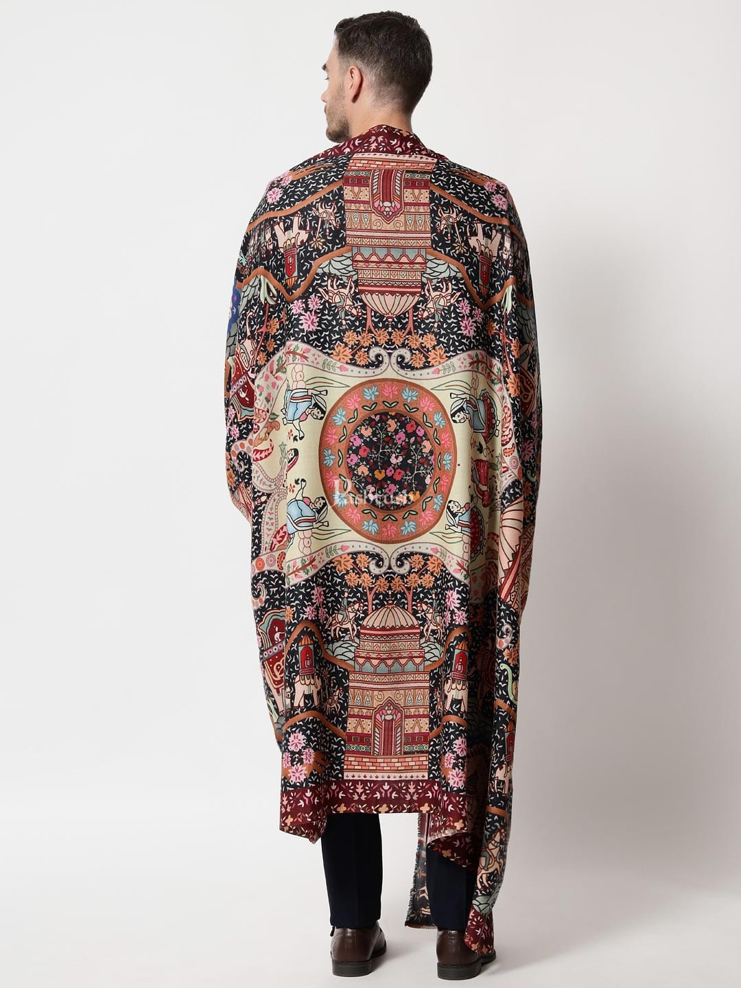 Pashtush India Mens Shawls Gents Shawl Pashtush mens 100% Pure Wool with Woolmark Certificate shawl, Darbar printed design, Multicolour
