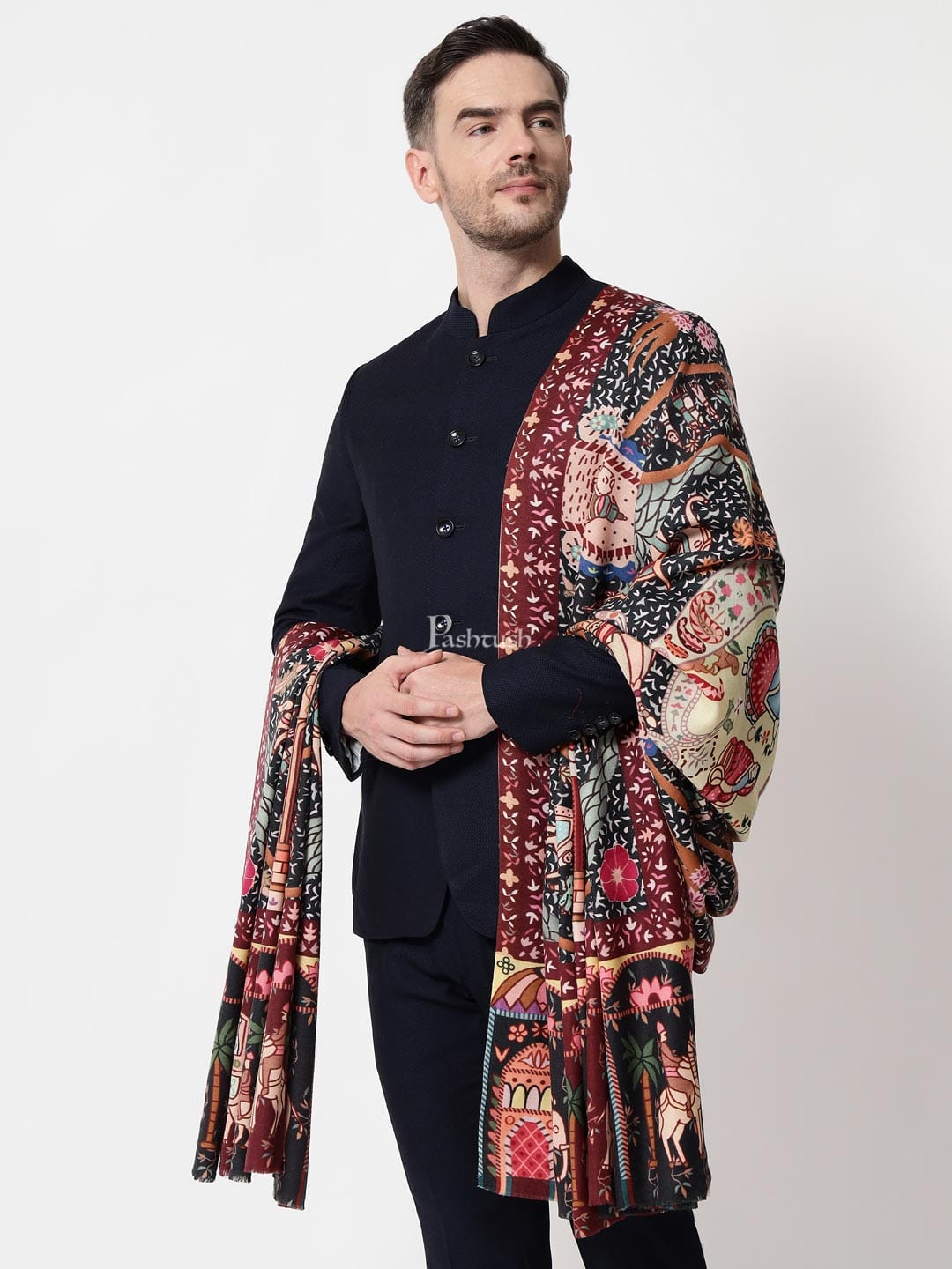 Pashtush India Mens Shawls Gents Shawl Pashtush mens 100% Pure Wool with Woolmark Certificate shawl, Darbar printed design, Multicolour