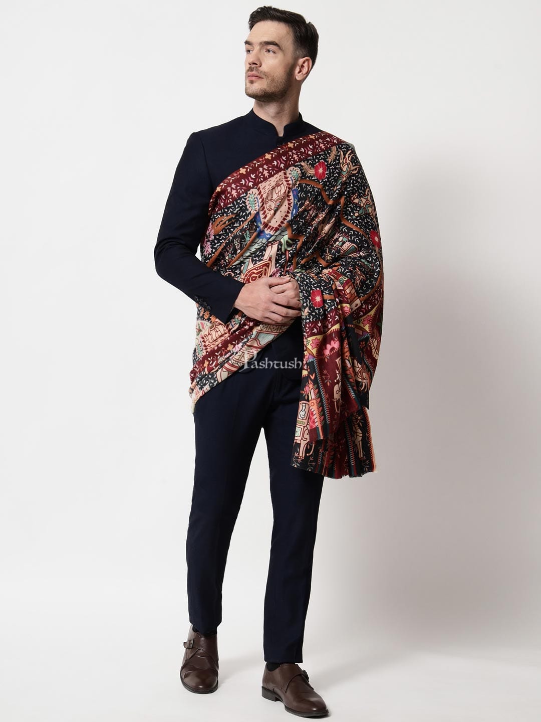 Pashtush India Mens Shawls Gents Shawl Pashtush mens 100% Pure Wool with Woolmark Certificate shawl, Darbar printed design, Multicolour