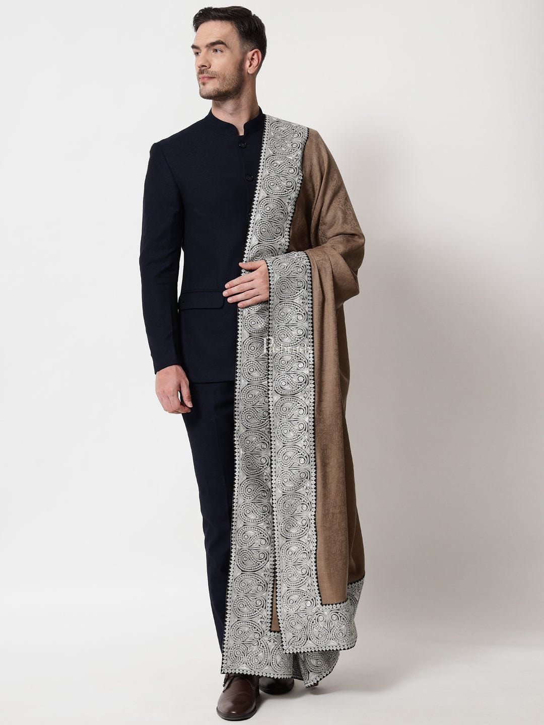 Pashtush India Mens Shawls Gents Shawl Pashtush mens 100% Pure Wool with Woolmark Certificate shawl, Meetallic Tilla border weave design, Beige