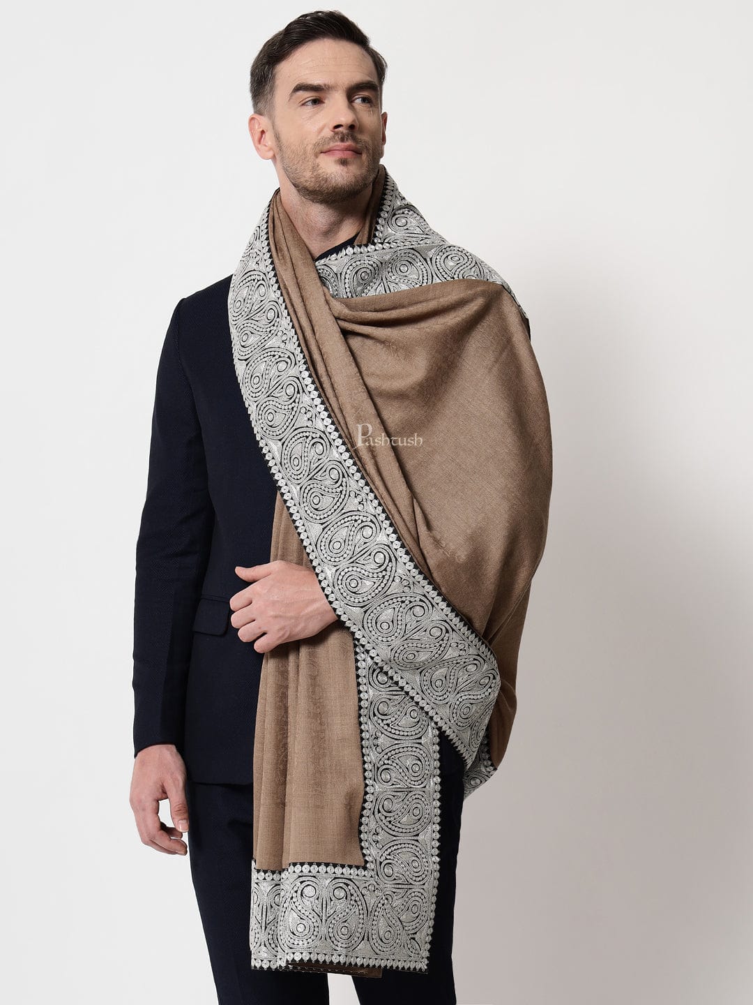 Pashtush India Mens Shawls Gents Shawl Pashtush mens 100% Pure Wool with Woolmark Certificate shawl, Meetallic Tilla border weave design, Beige