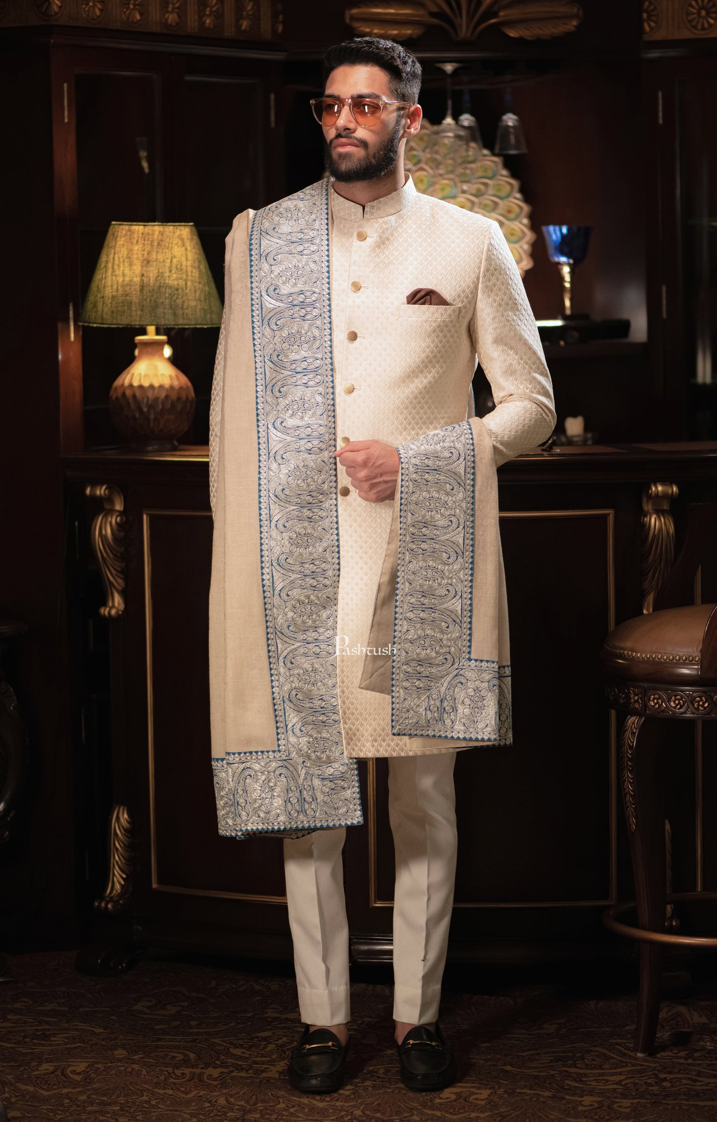 Pashtush India Mens Shawls Gents Shawl Pashtush mens 100% Pure Wool with Woolmark Certificate shawl, Metallic Tilla border weave design, Beige