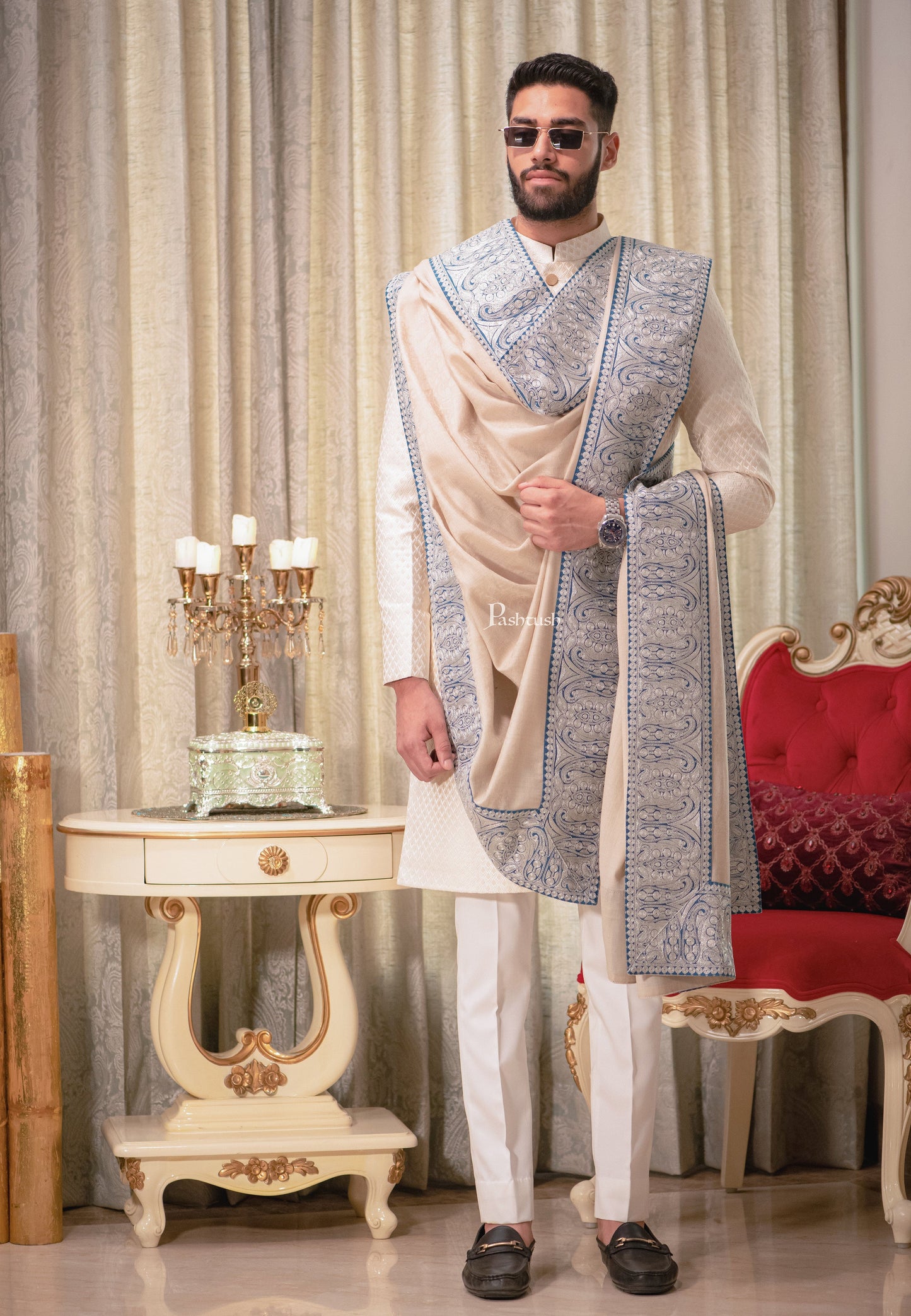 Pashtush India Mens Shawls Gents Shawl Pashtush mens 100% Pure Wool with Woolmark Certificate shawl, Metallic Tilla border weave design, Beige