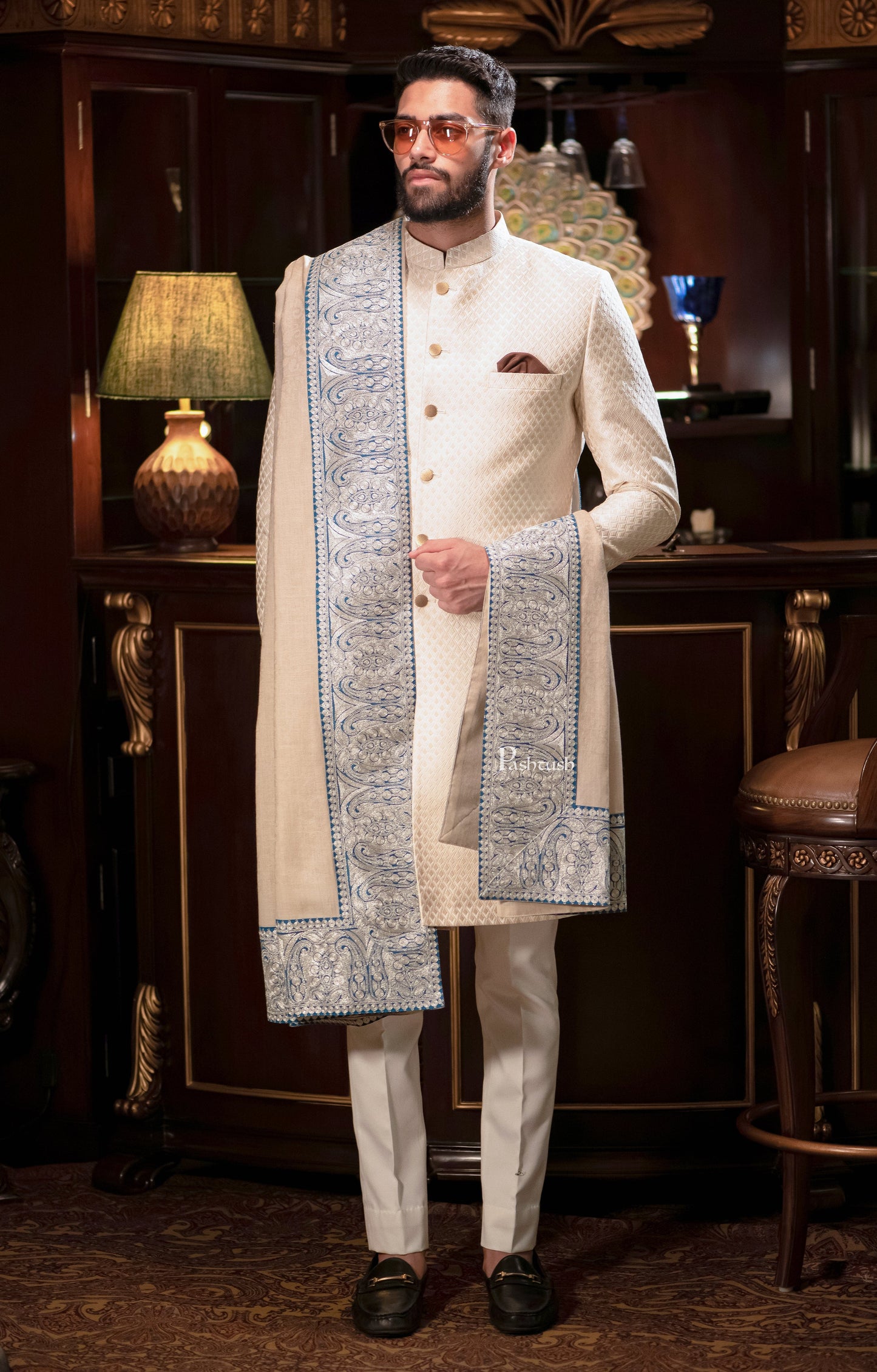 Pashtush India Mens Shawls Gents Shawl Pashtush mens 100% Pure Wool with Woolmark Certificate shawl, Metallic Tilla border weave design, Beige