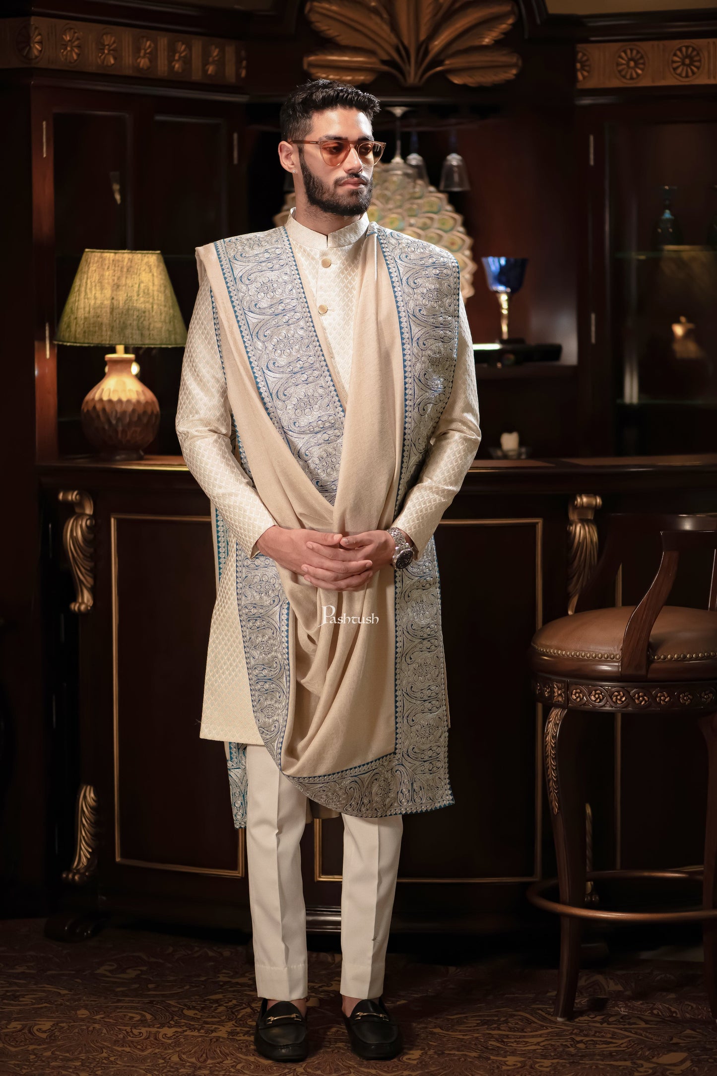 Pashtush India Mens Shawls Gents Shawl Pashtush mens 100% Pure Wool with Woolmark Certificate shawl, Metallic Tilla border weave design, Beige