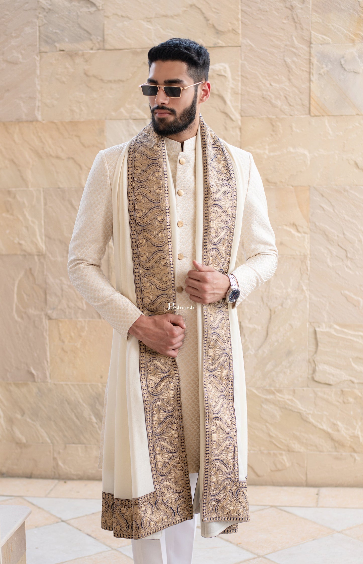 Pashtush India Mens Shawls Gents Shawl Pashtush mens 100% Pure Wool with Woolmark Certificate shawl, Metallic Tilla border weave design, Ivory