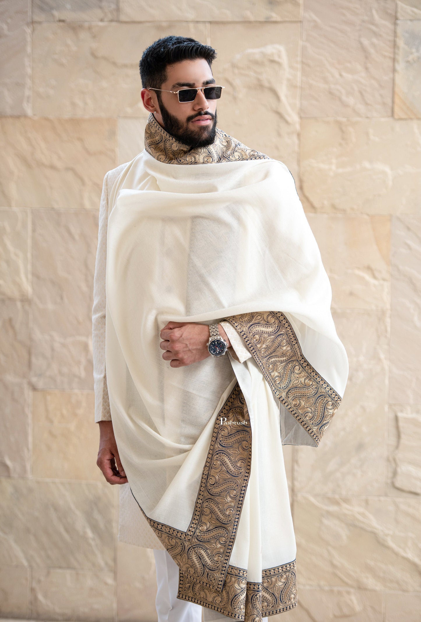 Pashtush India Mens Shawls Gents Shawl Pashtush mens 100% Pure Wool with Woolmark Certificate shawl, Metallic Tilla border weave design, Ivory
