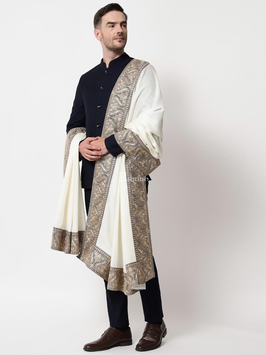 Pashtush India Mens Shawls Gents Shawl Pashtush mens 100% Pure Wool with Woolmark Certificate shawl, Metallic Tilla border weave design, Ivory