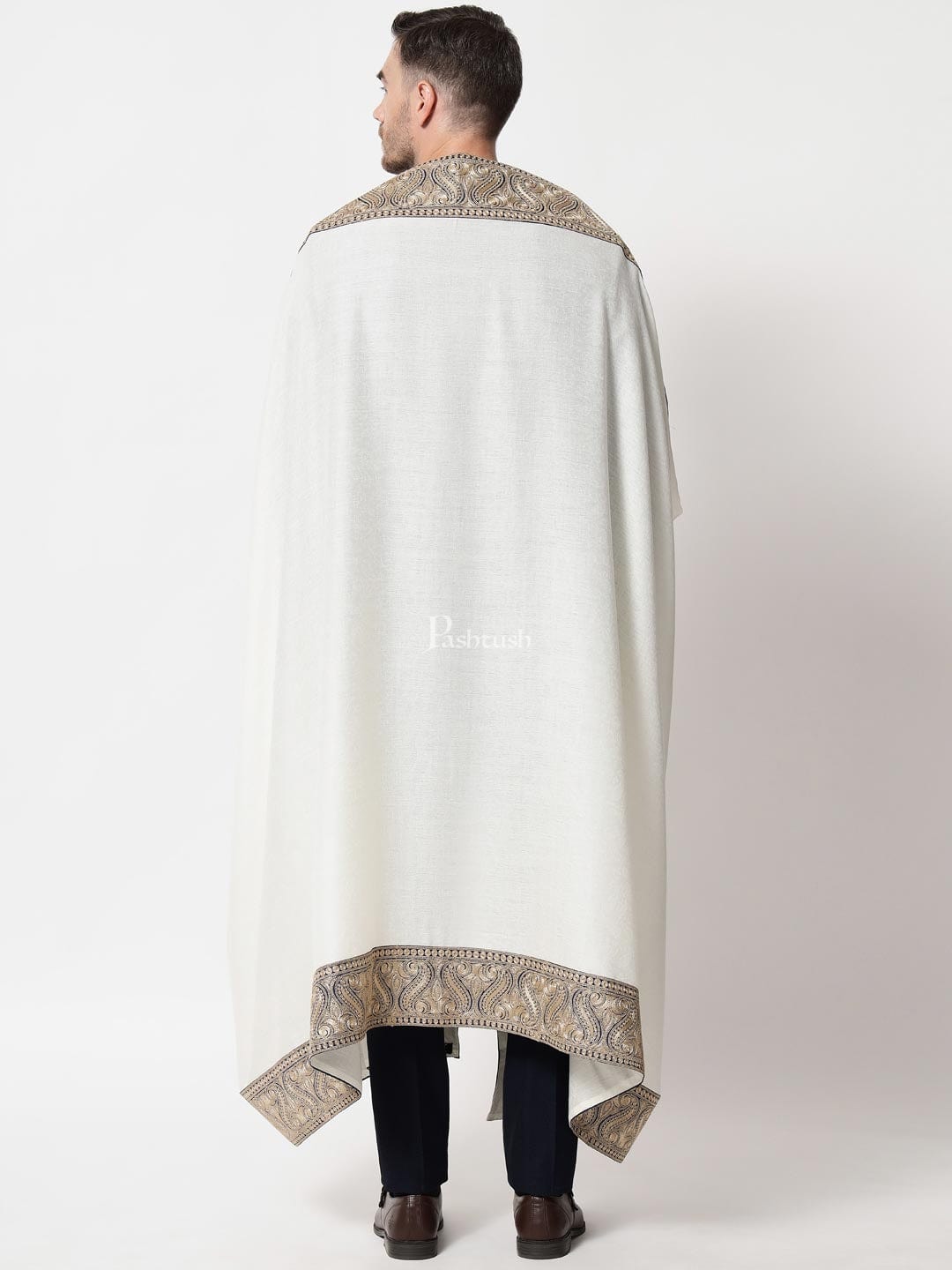 Pashtush India Mens Shawls Gents Shawl Pashtush mens 100% Pure Wool with Woolmark Certificate shawl, Metallic Tilla border weave design, Ivory