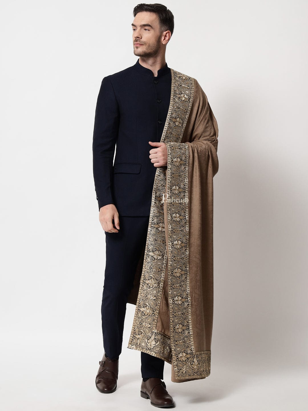 Pashtush India Mens Shawls Gents Shawl Pashtush mens 100% Pure Wool with Woolmark Certificate shawl, Metallic Tilla border weave design, Taupe