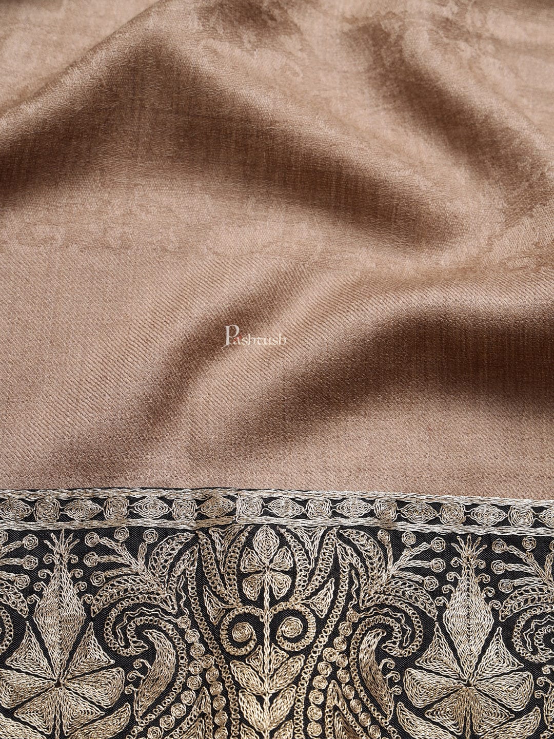 Pashtush India Mens Shawls Gents Shawl Pashtush mens 100% Pure Wool with Woolmark Certificate shawl, Metallic Tilla border weave design, Taupe