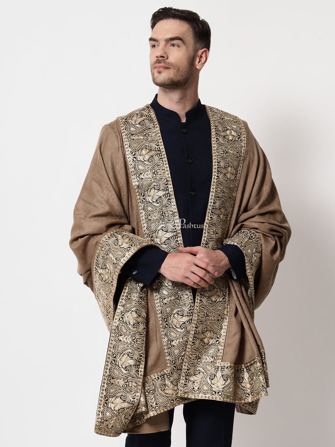 Pashtush India Mens Shawls Gents Shawl Pashtush mens 100% Pure Wool with Woolmark Certificate shawl, Metallic Tilla border weave design, Taupe
