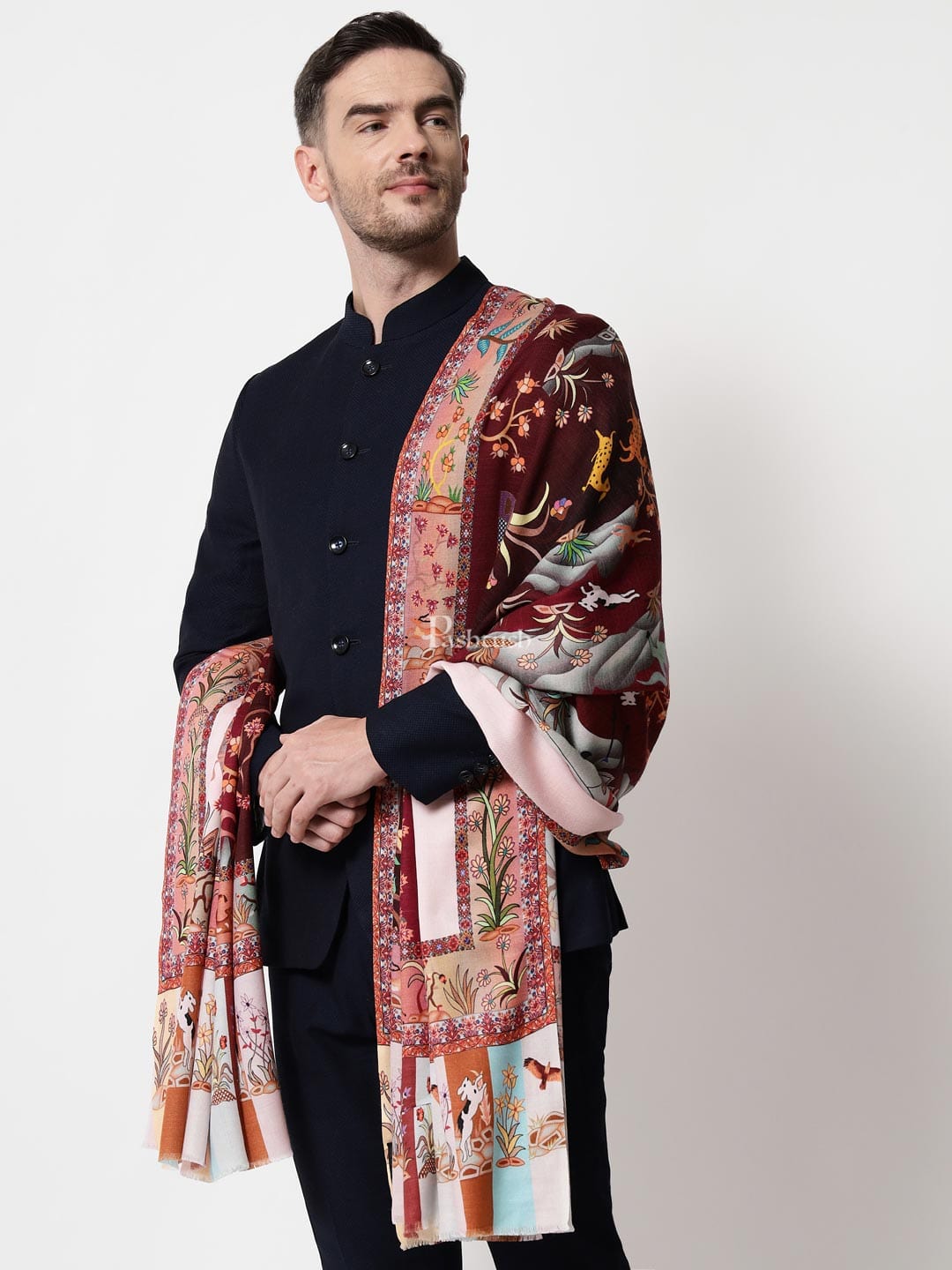 Pashtush India Mens Shawls Gents Shawl Pashtush mens 100% Pure Wool with Woolmark Certificate shawl, Shikaar-Dar design, Multicolour