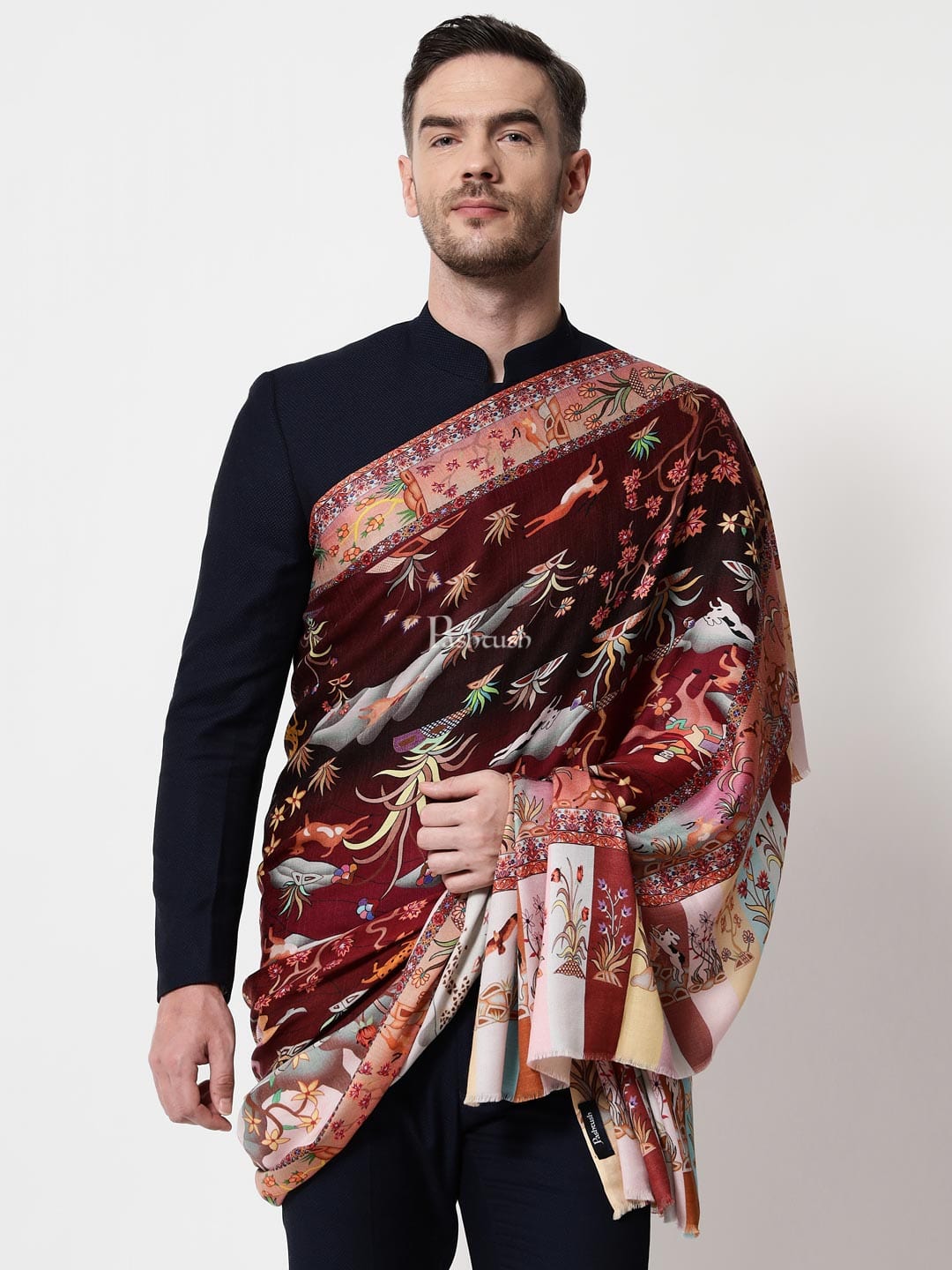 Pashtush India Mens Shawls Gents Shawl Pashtush mens 100% Pure Wool with Woolmark Certificate shawl, Shikaar-Dar design, Multicolour