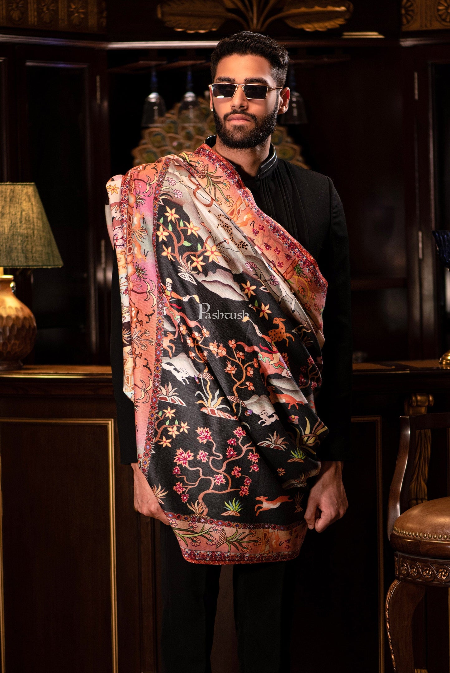 Pashtush India Womens Stoles and Scarves Scarf Pashtush mens 100% Pure Wool with Woolmark Certificate shawl, shikardar design, Multicolour