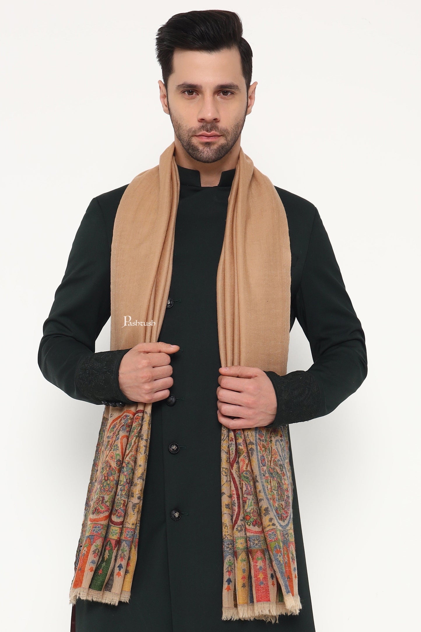 Pashtush India Mens Scarves Stoles and Mufflers Pashtush Mens 100% Pure Wool With Woolmark Certificate Stole, Ambi Design, Beige