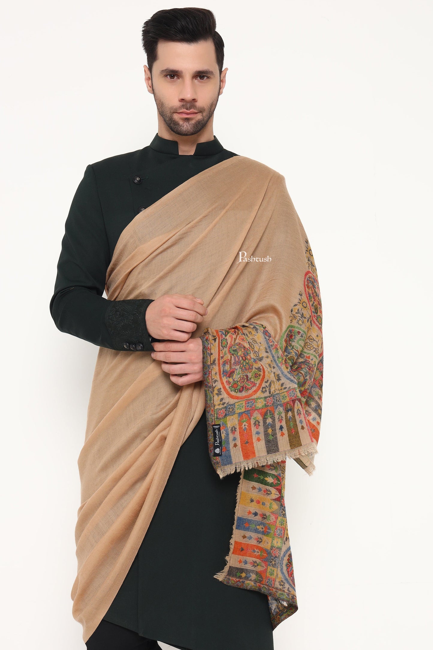 Pashtush India Mens Scarves Stoles and Mufflers Pashtush Mens 100% Pure Wool With Woolmark Certificate Stole, Ambi Design, Beige