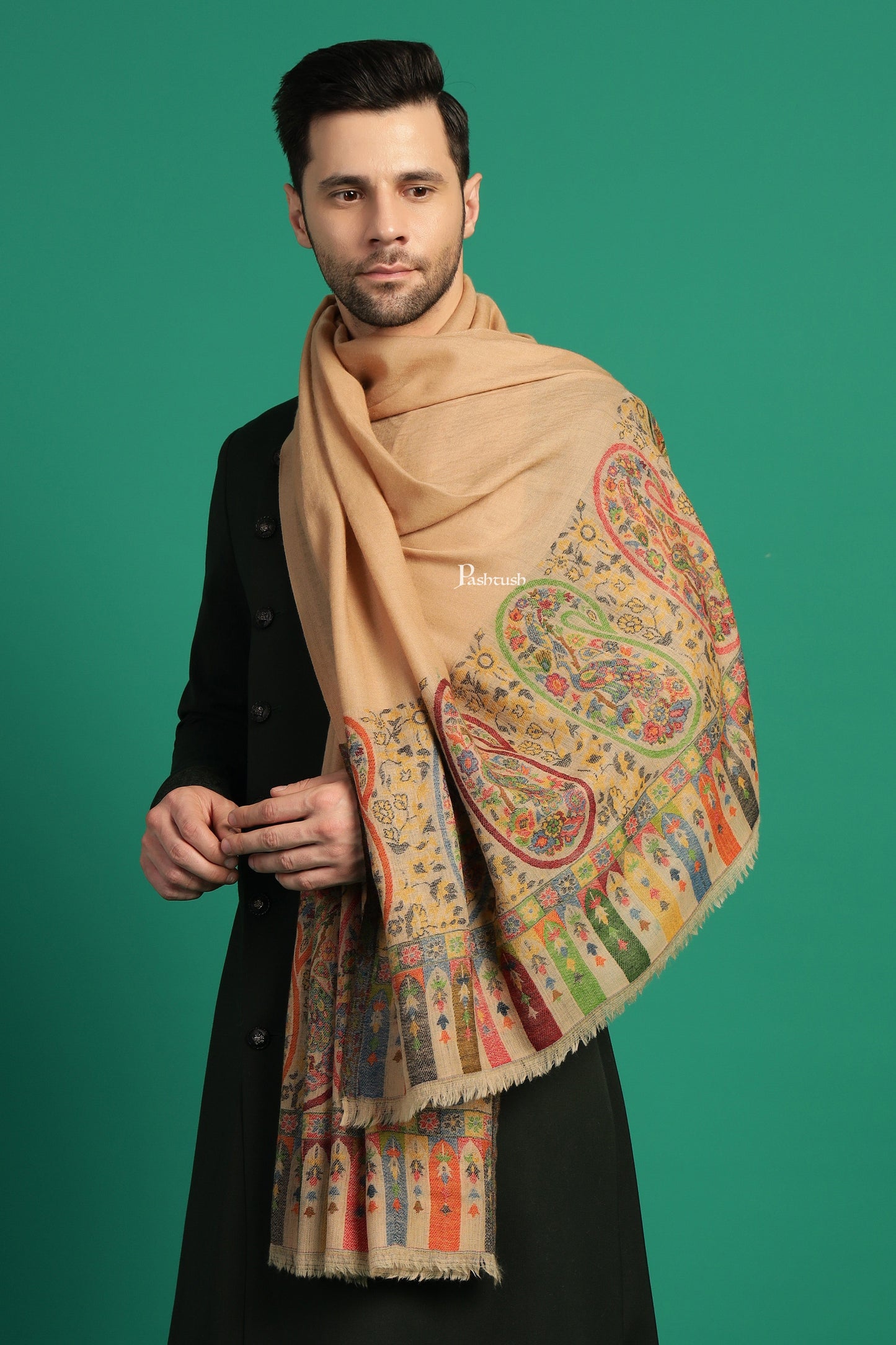 Pashtush India Mens Scarves Stoles and Mufflers Pashtush Mens 100% Pure Wool With Woolmark Certificate Stole, Ambi Design, Beige
