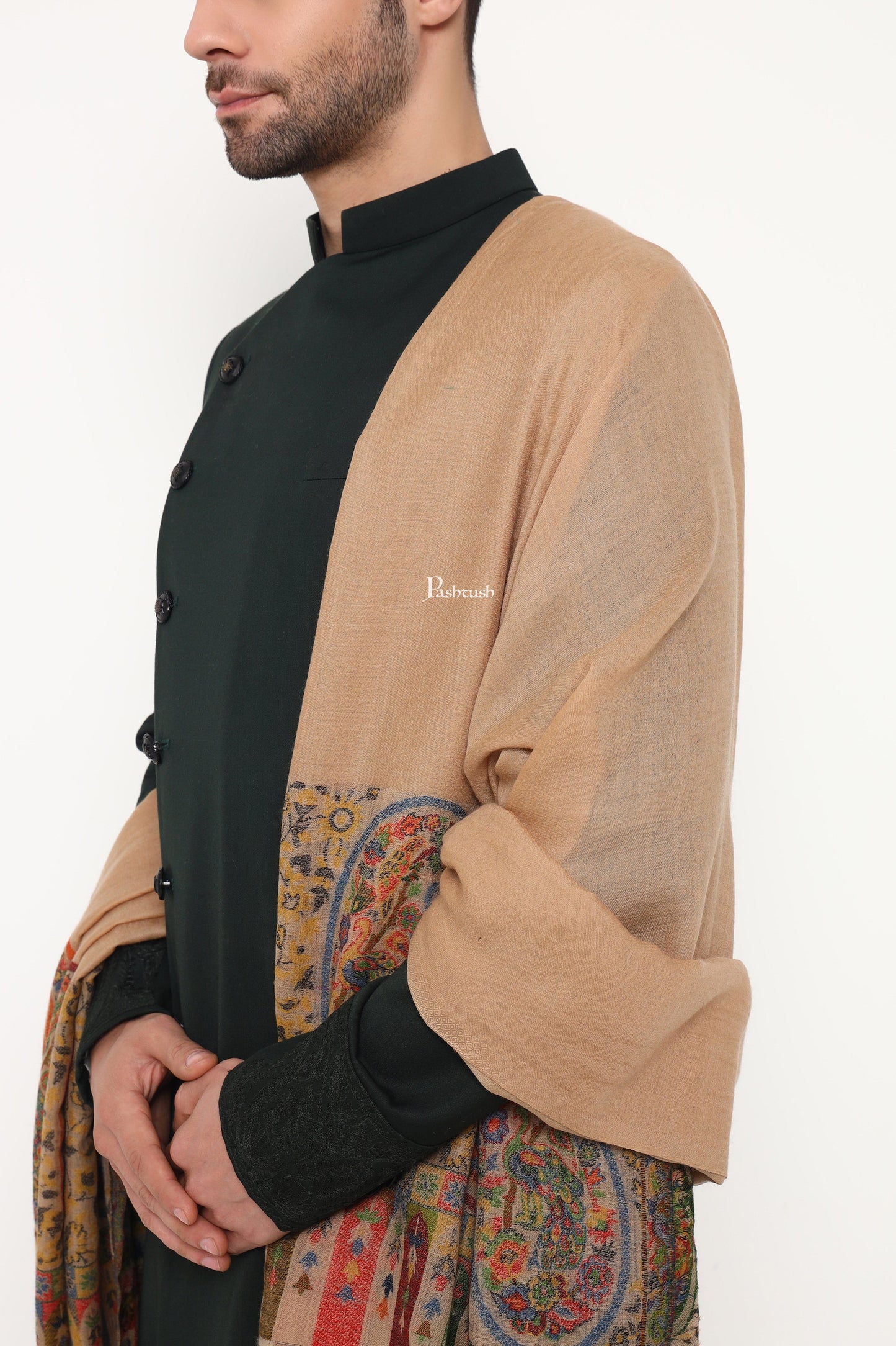 Pashtush India Mens Scarves Stoles and Mufflers Pashtush Mens 100% Pure Wool With Woolmark Certificate Stole, Ambi Design, Beige