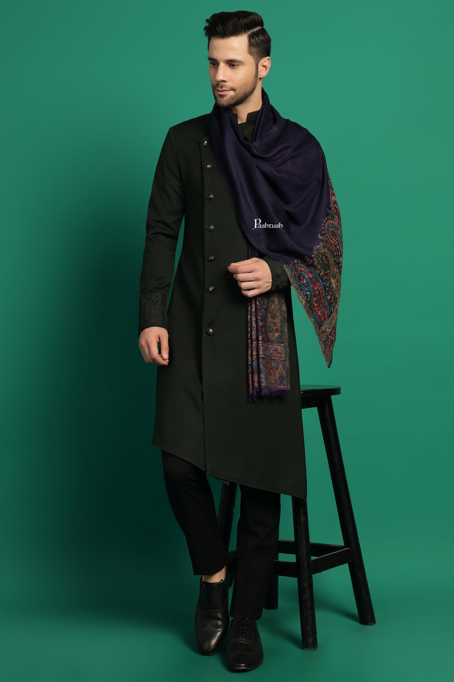 Pashtush India Mens Scarves Stoles and Mufflers Pashtush Mens 100% Pure Wool With Woolmark Certificate Stole, Ambi Palla Design, Blue