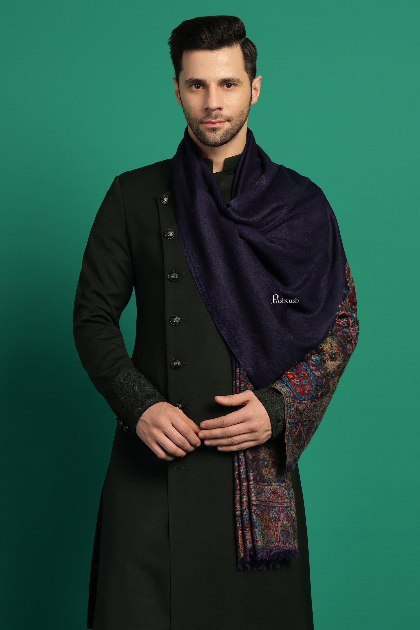 Pashtush India Mens Scarves Stoles and Mufflers Pashtush Mens 100% Pure Wool With Woolmark Certificate Stole, Ambi Palla Design, Blue