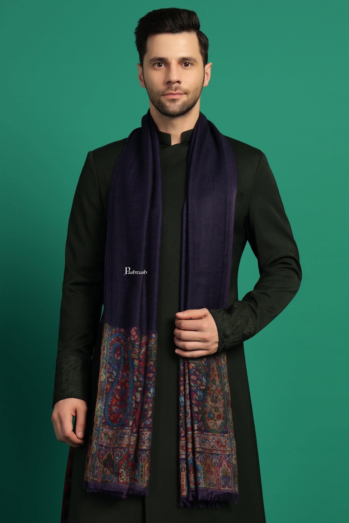 Pashtush India Mens Scarves Stoles and Mufflers Pashtush Mens 100% Pure Wool With Woolmark Certificate Stole, Ambi Palla Design, Blue