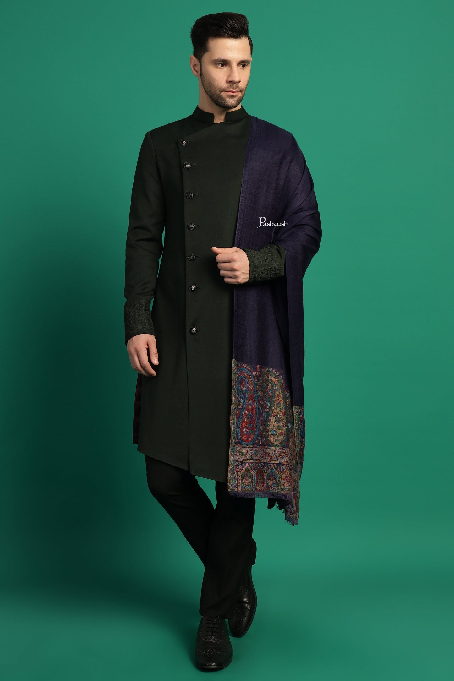 Pashtush India Mens Scarves Stoles and Mufflers Pashtush Mens 100% Pure Wool With Woolmark Certificate Stole, Ambi Palla Design, Blue